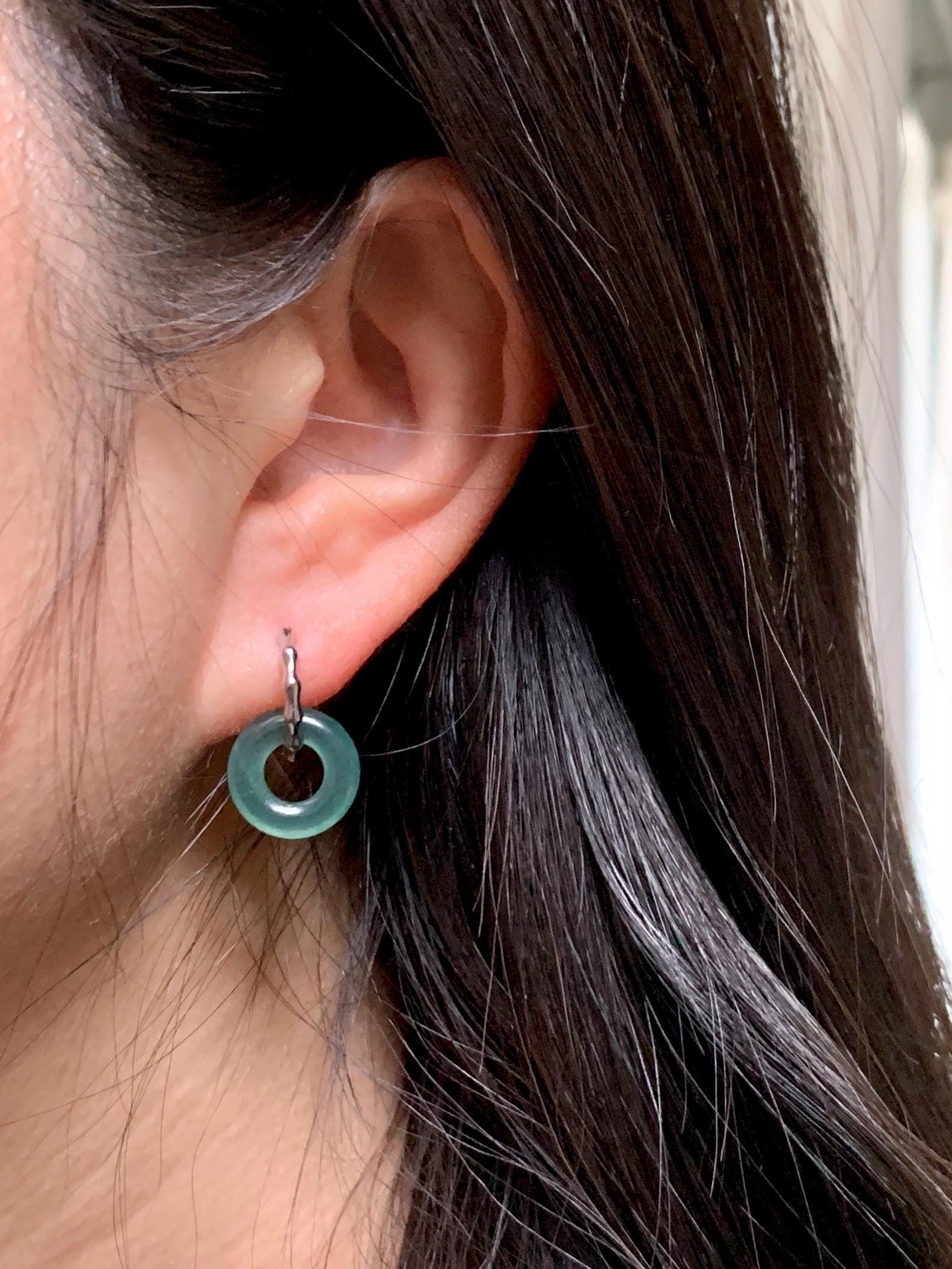 Natural Grade A Guatemalan Icy Translucent Teal Green Jade Jadeite Ping An Kou Donut Bamboo Style Hoop Earrings 天然冰危蓝绿翡翠小平安扣竹节耳包 ZJK150