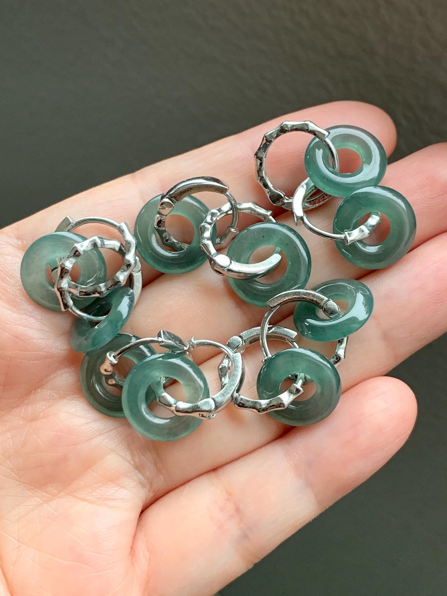 Natural Grade A Guatemalan Icy Translucent Teal Green Jade Jadeite Ping An Kou Donut Bamboo Style Hoop Earrings 天然冰危蓝绿翡翠小平安扣竹节耳包 ZJK150