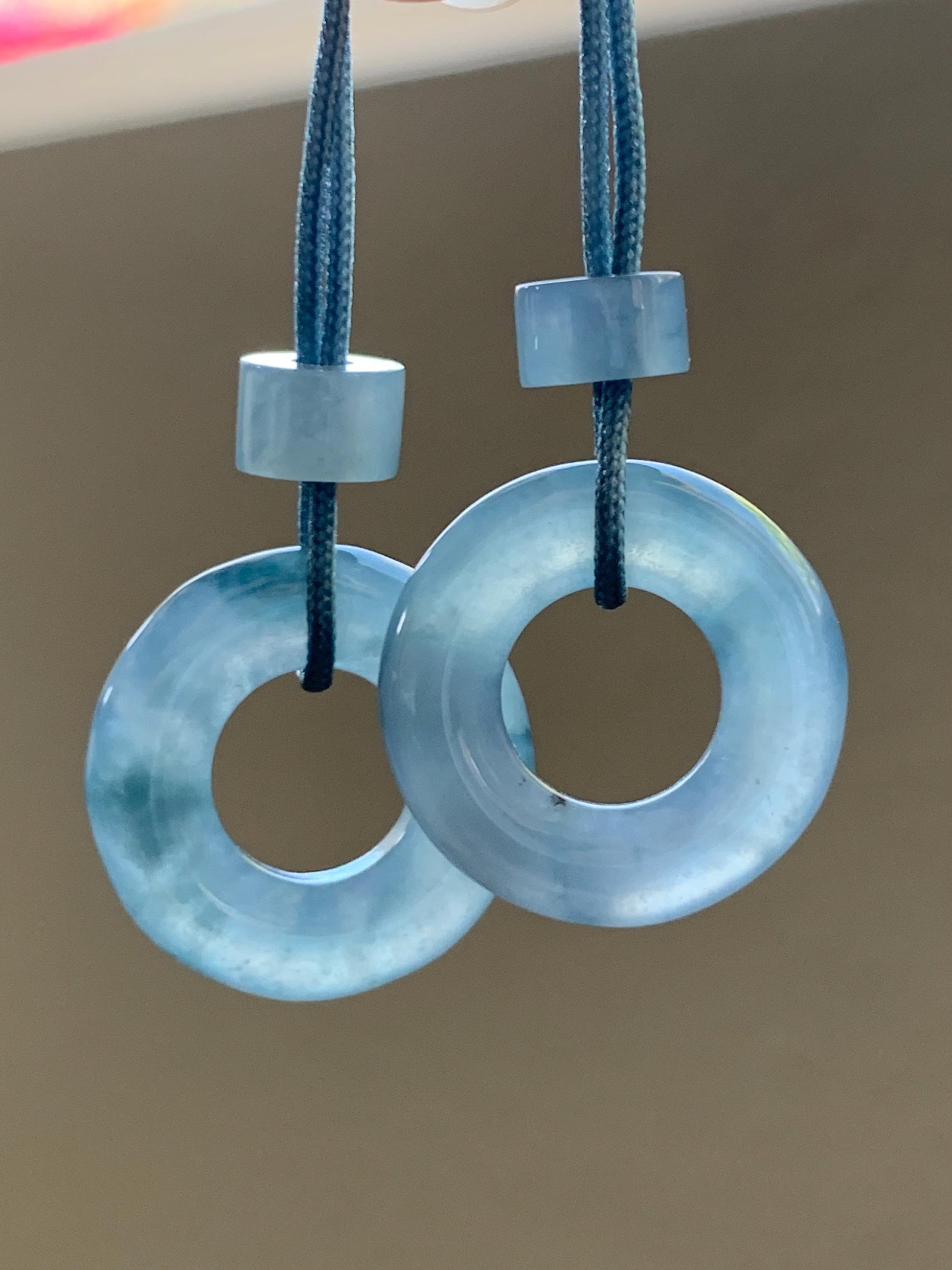 Natural Grade A Guatemalan Icy Translucent Light Blue Jade Jadeite Ping An Kou Donuts A Set Of Two Loose Stones DIY 天然冰危浅蓝翡翠小平安扣 QWL70