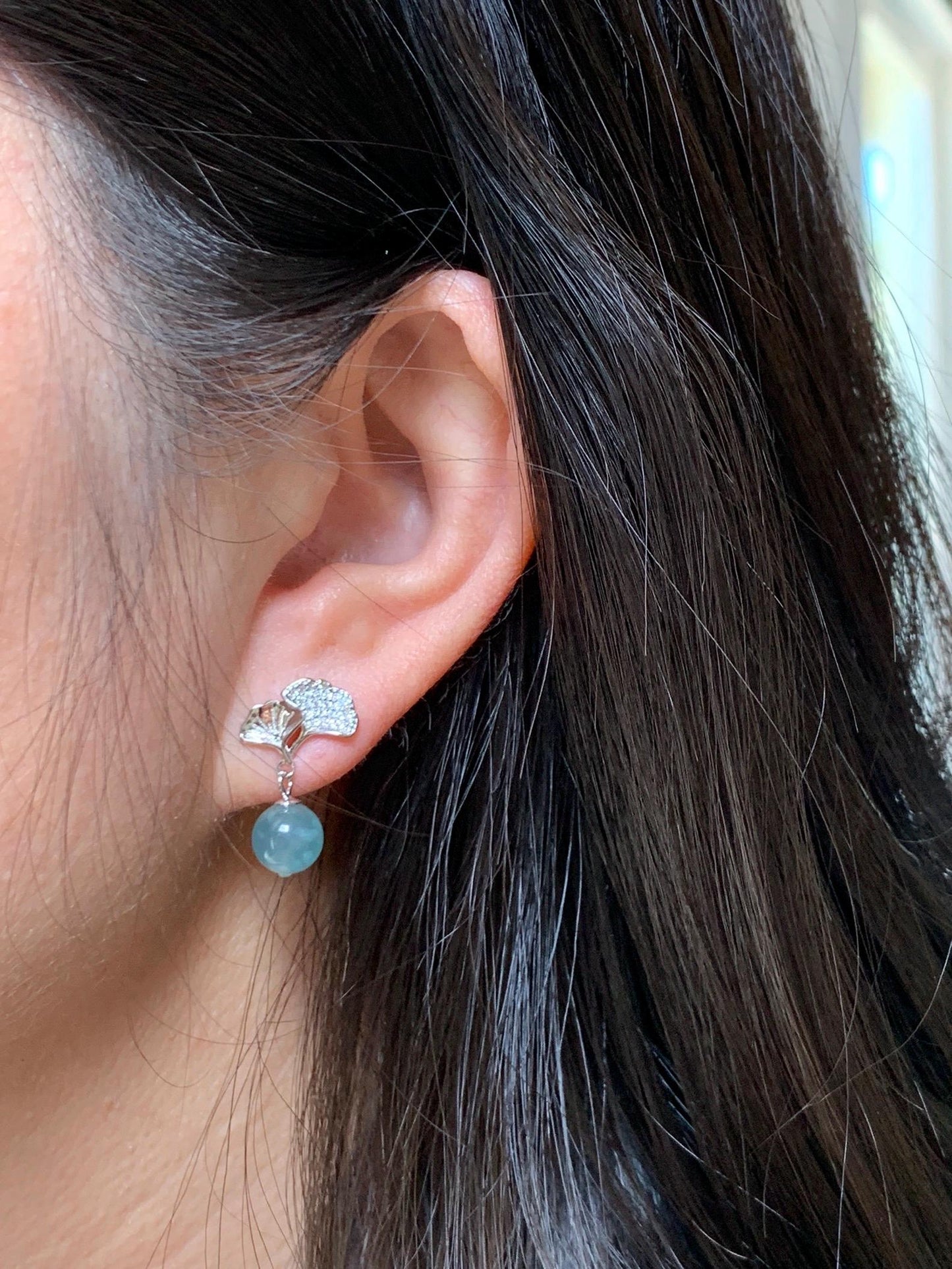 Natural Grade A Guatemalan Icy Highly Translucent Light Teal Blue Jade Jadeite Beads Dangle Earrings Sterling Silver 天然冰危浅蓝翡翠圆珠耳钉 BPS77H