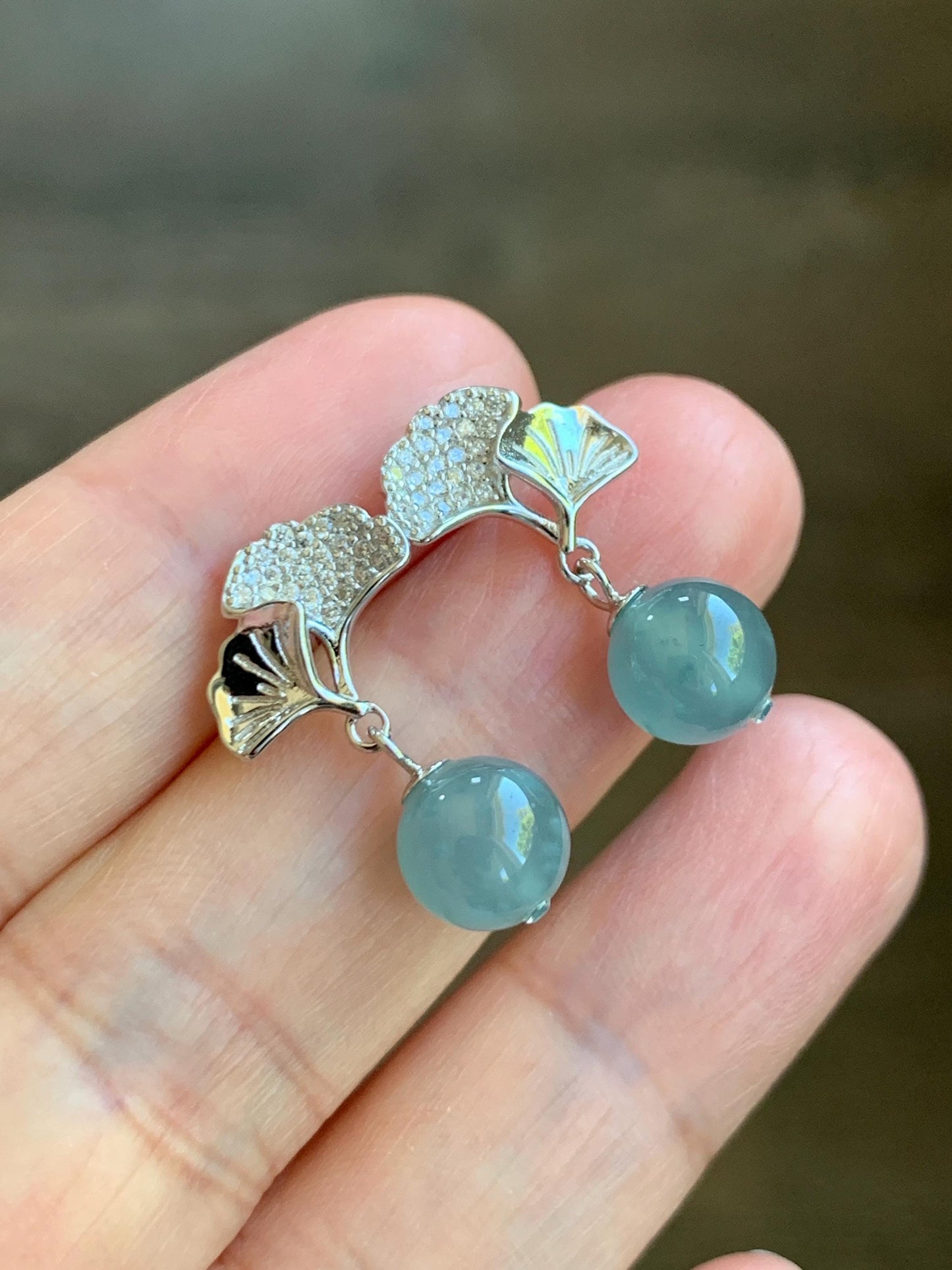 Natural Grade A Guatemalan Icy Highly Translucent Light Teal Blue Jade Jadeite Beads Dangle Earrings Sterling Silver 天然冰危浅蓝翡翠圆珠耳钉 BPS77H