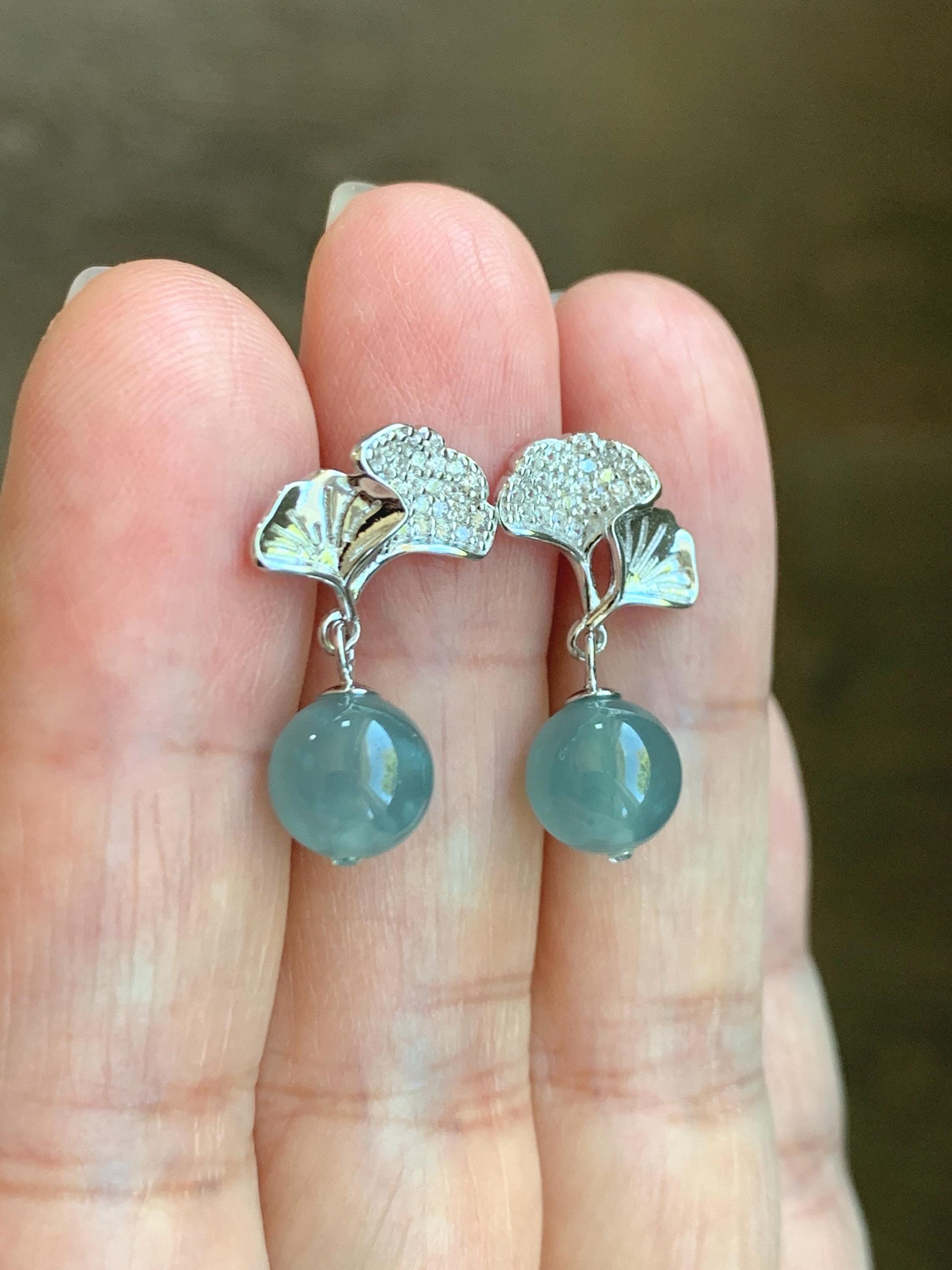 Natural Grade A Guatemalan Icy Highly Translucent Light Teal Blue Jade Jadeite Beads Dangle Earrings Sterling Silver 天然冰危浅蓝翡翠圆珠耳钉 BPS77H