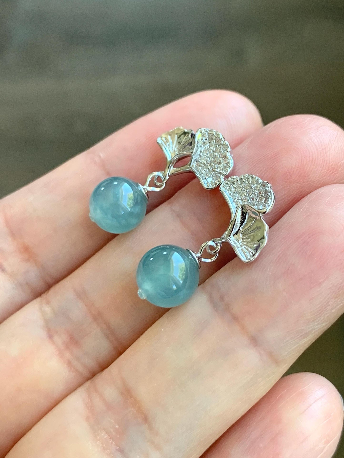 Natural Grade A Guatemalan Icy Highly Translucent Light Teal Blue Jade Jadeite Beads Dangle Earrings Sterling Silver 天然冰危浅蓝翡翠圆珠耳钉 BPS77H