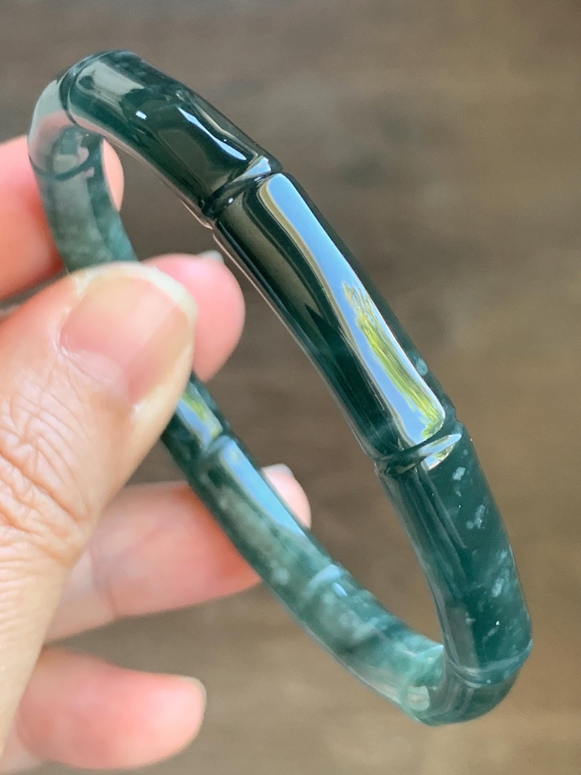 Certified Natural Grade A Guatemalan Icy Translucent Gelatinous Dark Teal Green Jade Jadeite Bamboo Bangle 56.9 7” 22g 天然冰危深浅篮绿翡翠竹节手镯 8802