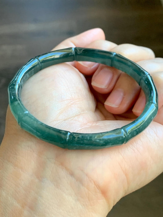 Certified Natural Grade A Guatemalan Icy Translucent Gelatinous Dark Teal Green Jade Jadeite Bamboo Bangle 56.9 7” 22g 天然冰危深浅篮绿翡翠竹节手镯 8802