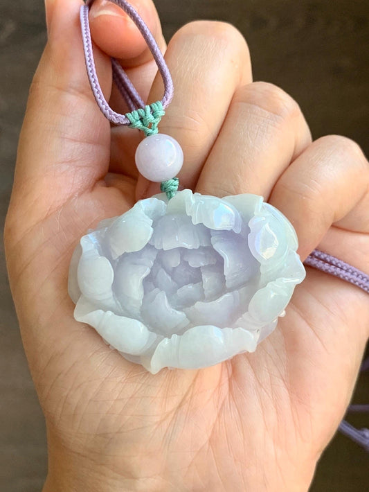Natural Grade A Icy Translucent Pastel Purple Jade Jadeite Carved Peony Flower Pendant Rope Necklace 26” 37g 天然冰淡紫翡翠牡丹花吊坠项链 DZP261