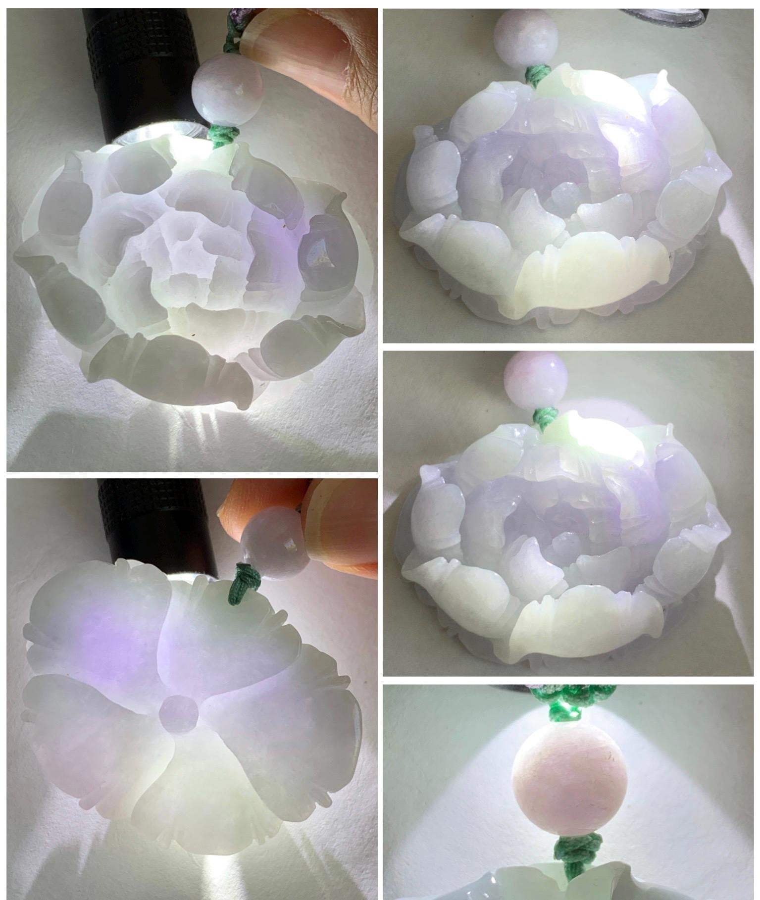 Natural Grade A Icy Translucent Pastel Purple Jade Jadeite Carved Peony Flower Pendant Rope Necklace 26” 37g 天然冰淡紫翡翠牡丹花吊坠项链 DZP261