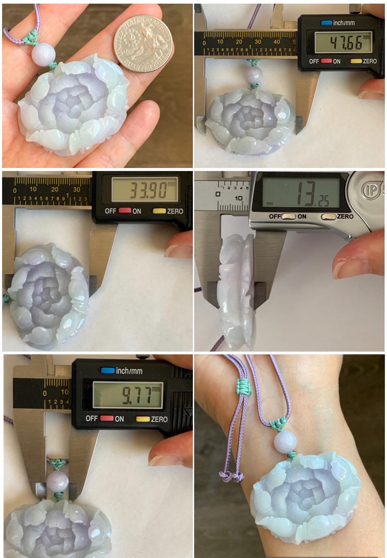 Natural Grade A Icy Translucent Pastel Purple Jade Jadeite Carved Peony Flower Pendant Rope Necklace 26” 37g 天然冰淡紫翡翠牡丹花吊坠项链 DZP261