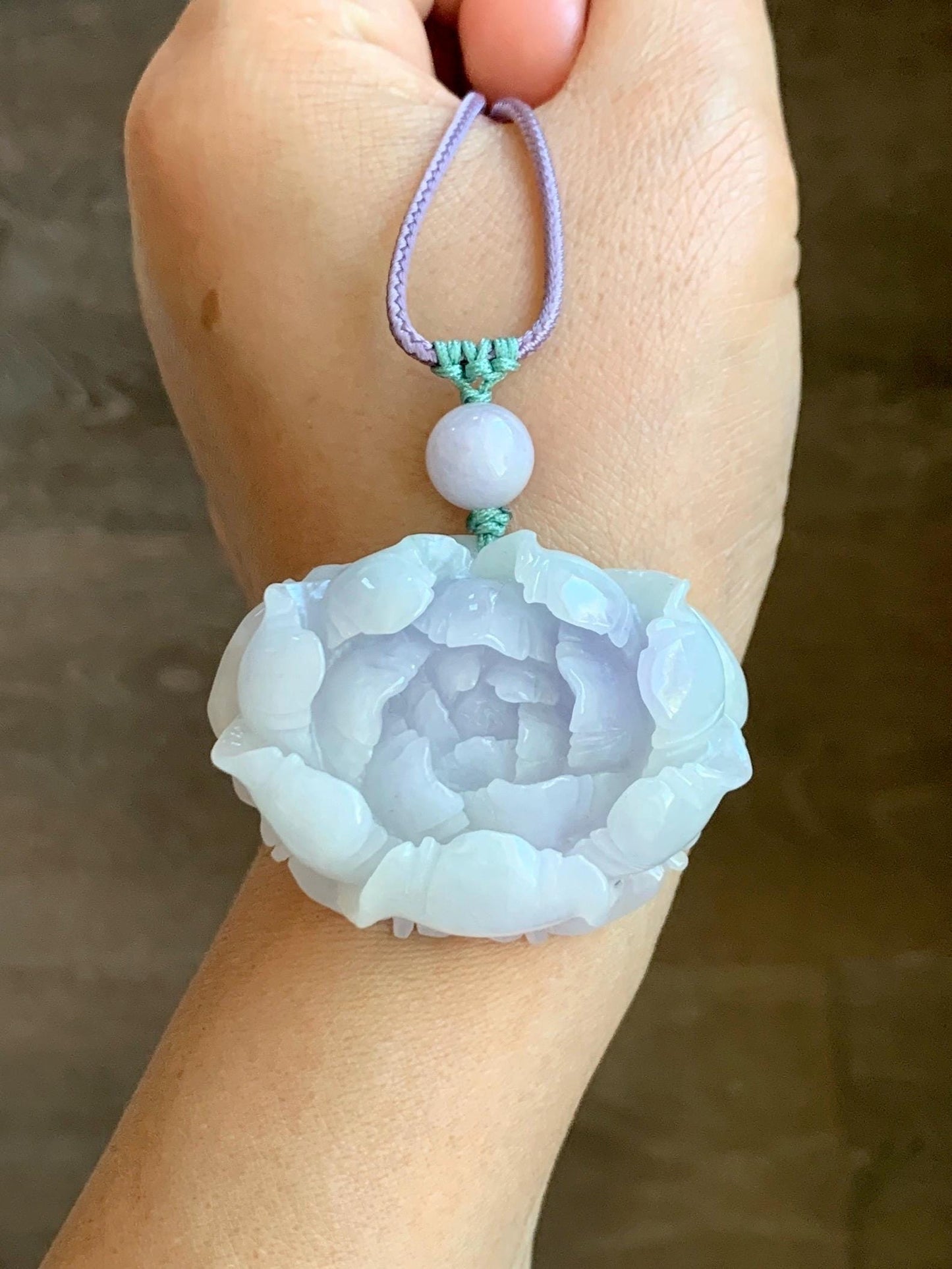 Natural Grade A Icy Translucent Pastel Purple Jade Jadeite Carved Peony Flower Pendant Rope Necklace 26” 37g 天然冰淡紫翡翠牡丹花吊坠项链 DZP261