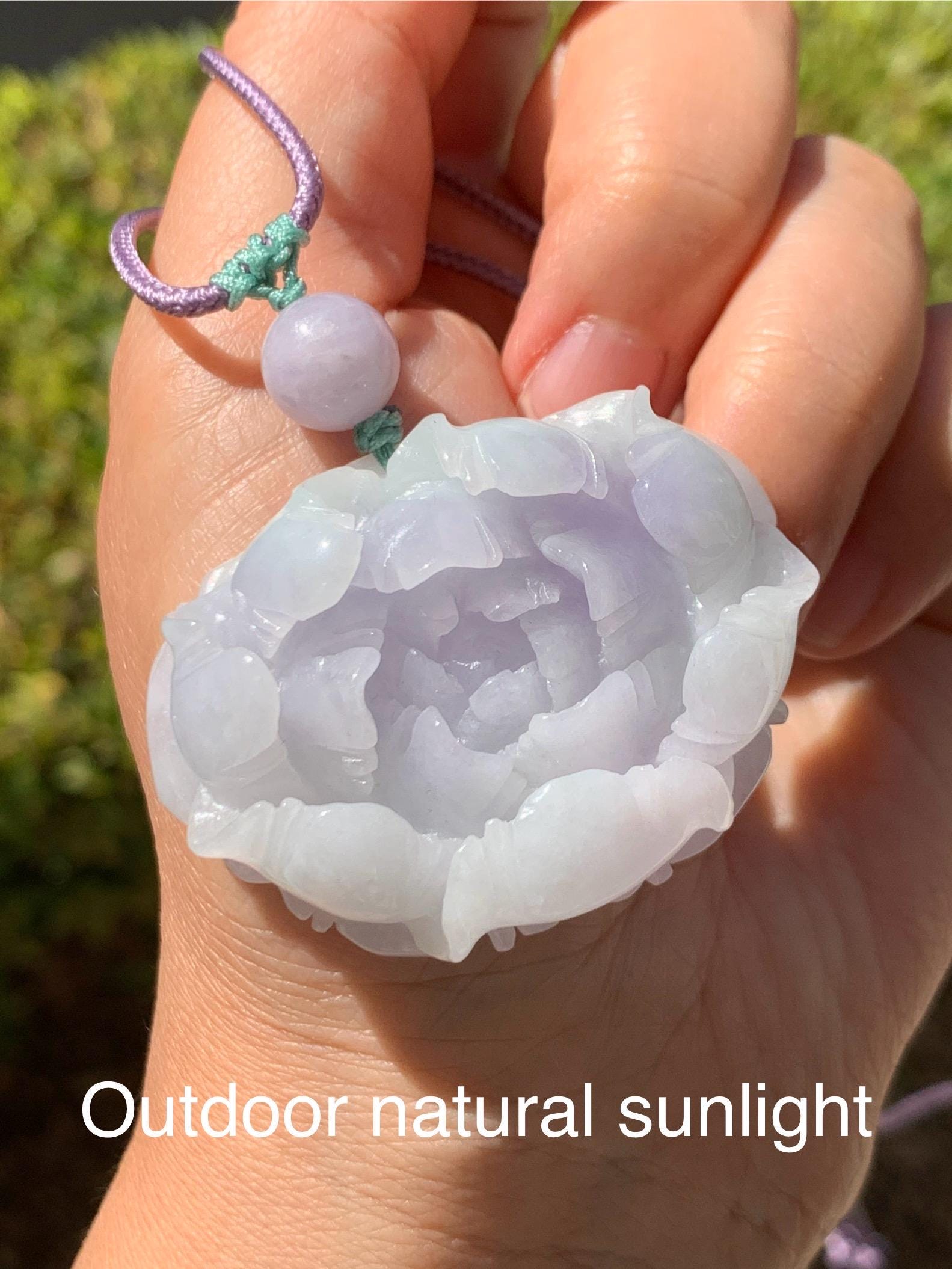 Natural Grade A Icy Translucent Pastel Purple Jade Jadeite Carved Peony Flower Pendant Rope Necklace 26” 37g 天然冰淡紫翡翠牡丹花吊坠项链 DZP261