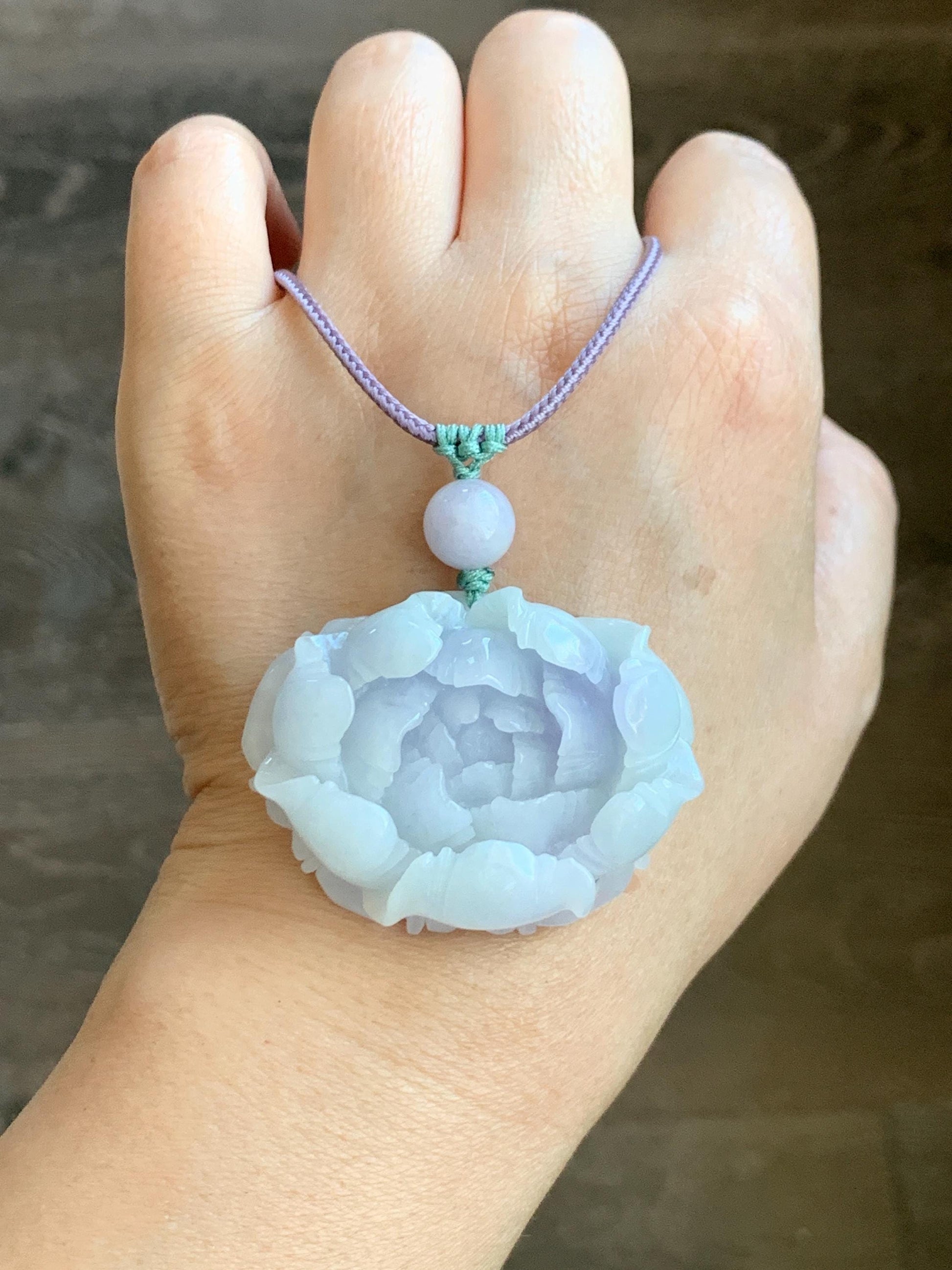 Natural Grade A Icy Translucent Pastel Purple Jade Jadeite Carved Peony Flower Pendant Rope Necklace 26” 37g 天然冰淡紫翡翠牡丹花吊坠项链 DZP261