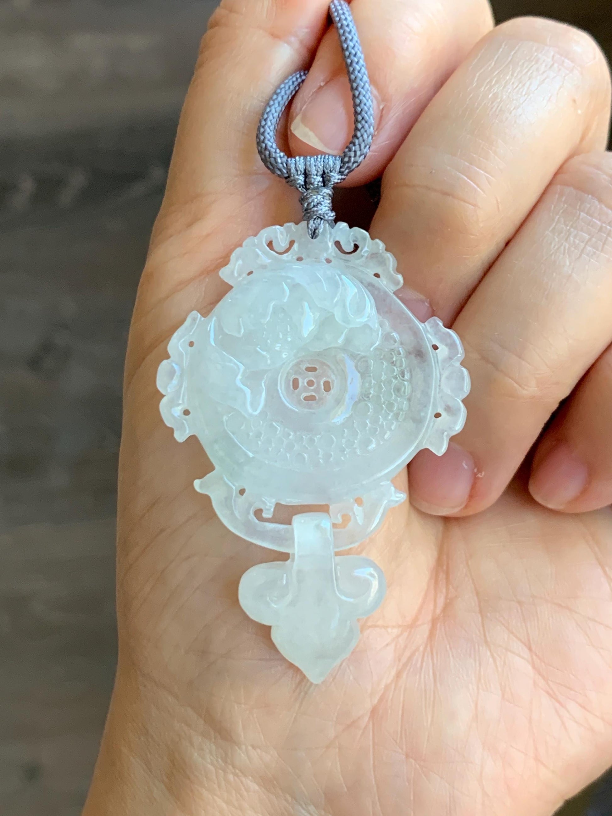 Natural Grade A Icy Highly Translucent White Jade Jadeite Lotus Flower Ping An Kou Donut Pendant Rope Necklace 26" 天然白冰翡翠莲花平安扣吊坠项链 FGK275