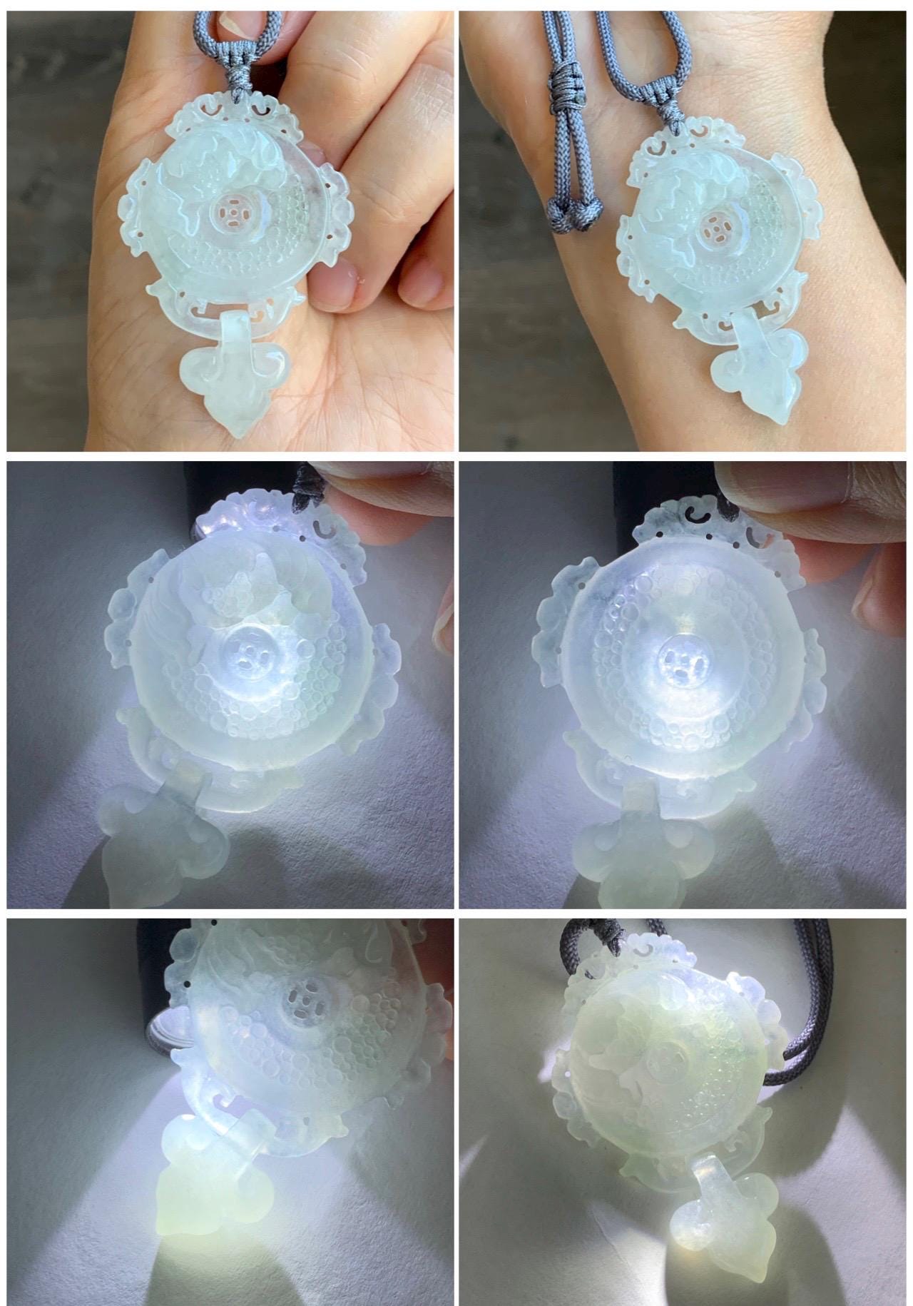 Natural Grade A Icy Highly Translucent White Jade Jadeite Lotus Flower Ping An Kou Donut Pendant Rope Necklace 26" 天然白冰翡翠莲花平安扣吊坠项链 FGK275