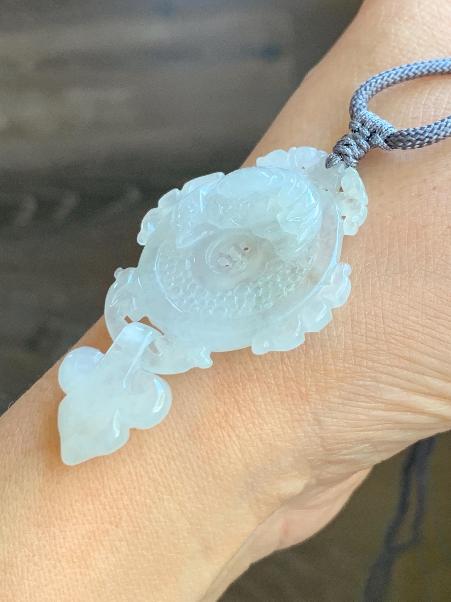 Natural Grade A Icy Highly Translucent White Jade Jadeite Lotus Flower Ping An Kou Donut Pendant Rope Necklace 26" 天然白冰翡翠莲花平安扣吊坠项链 FGK275