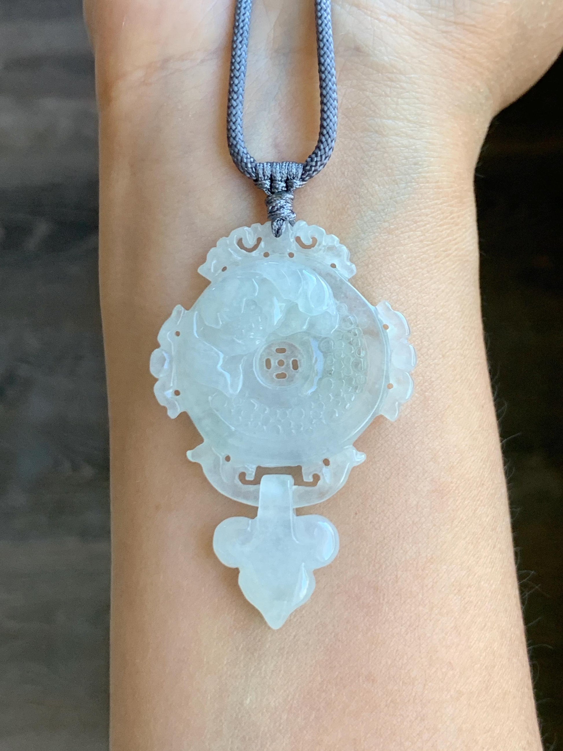 Natural Grade A Icy Highly Translucent White Jade Jadeite Lotus Flower Ping An Kou Donut Pendant Rope Necklace 26" 天然白冰翡翠莲花平安扣吊坠项链 FGK275
