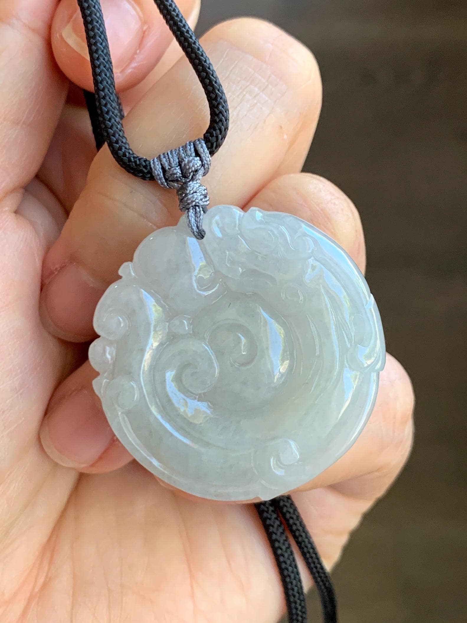 Natural Grade A Icy Translucent Pastel Smoky Gray Jade Jadeite Carved Dragon Donut Pendant Rope Necklace 26” 18g 天然冰烟灰色翡翠盘龙平安扣吊坠项链 PLK120