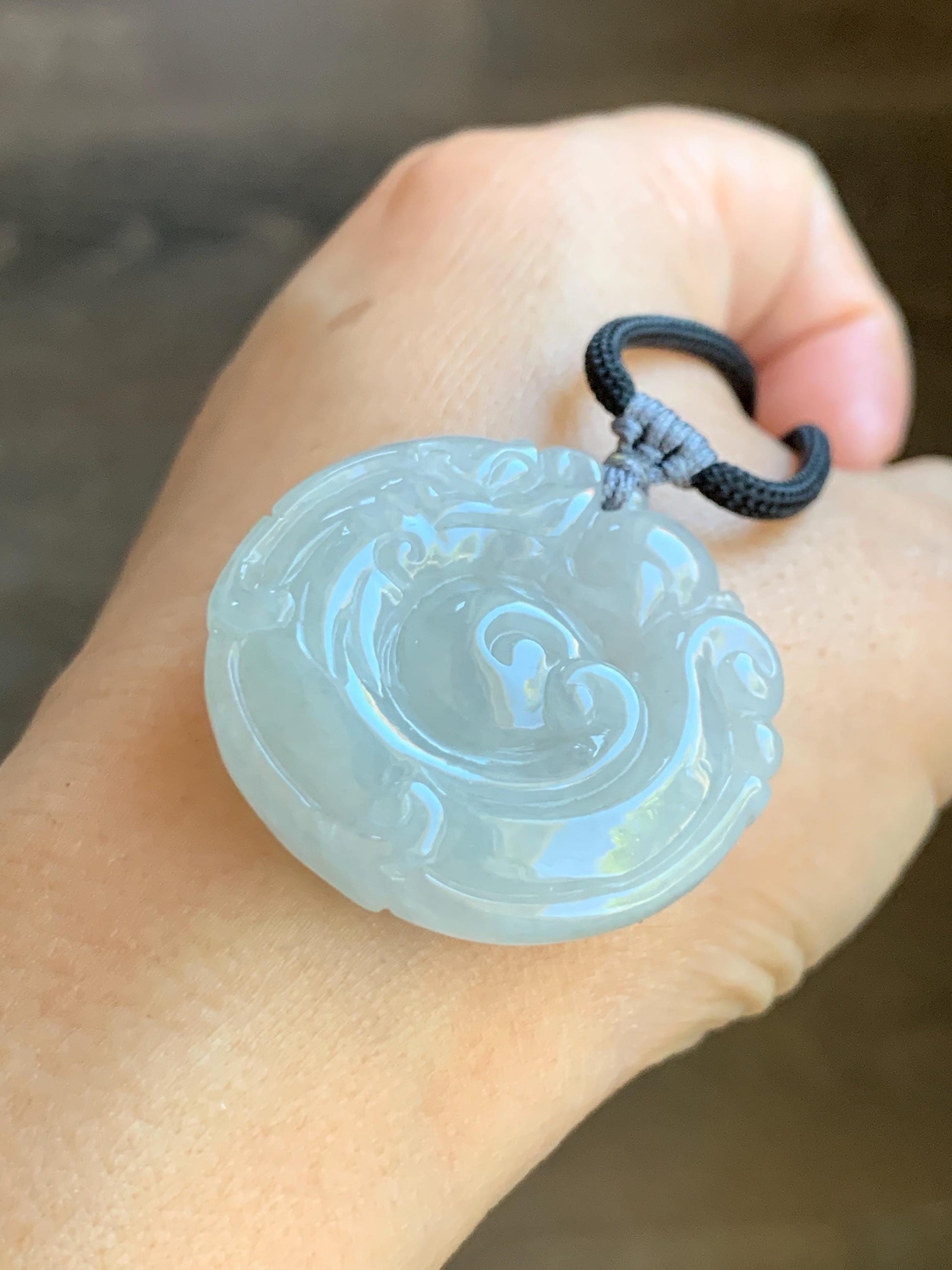 Natural Grade A Icy Translucent Pastel Smoky Gray Jade Jadeite Carved Dragon Donut Pendant Rope Necklace 26” 18g 天然冰烟灰色翡翠盘龙平安扣吊坠项链 PLK120
