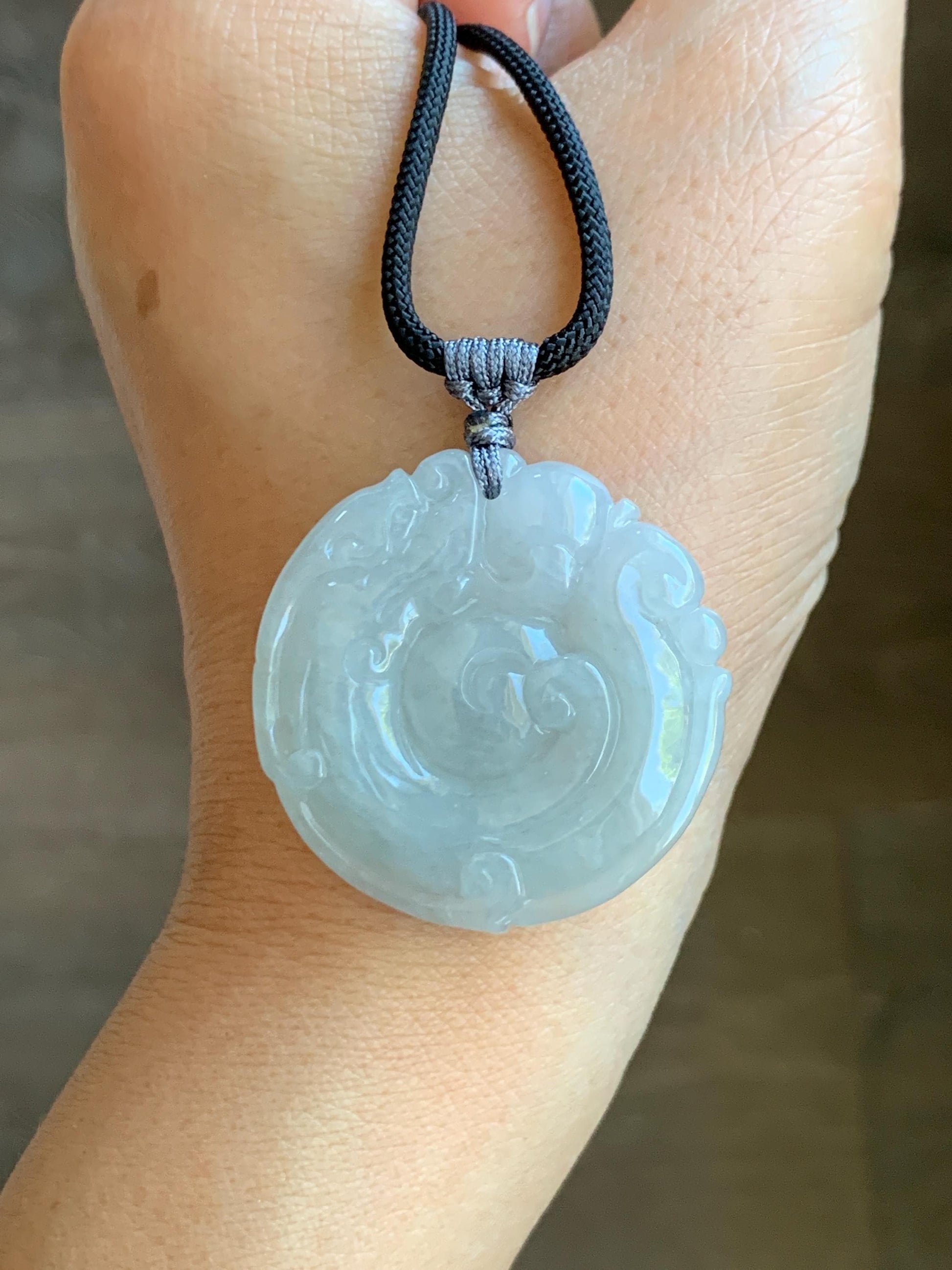 Natural Grade A Icy Translucent Pastel Smoky Gray Jade Jadeite Carved Dragon Donut Pendant Rope Necklace 26” 18g 天然冰烟灰色翡翠盘龙平安扣吊坠项链 PLK120
