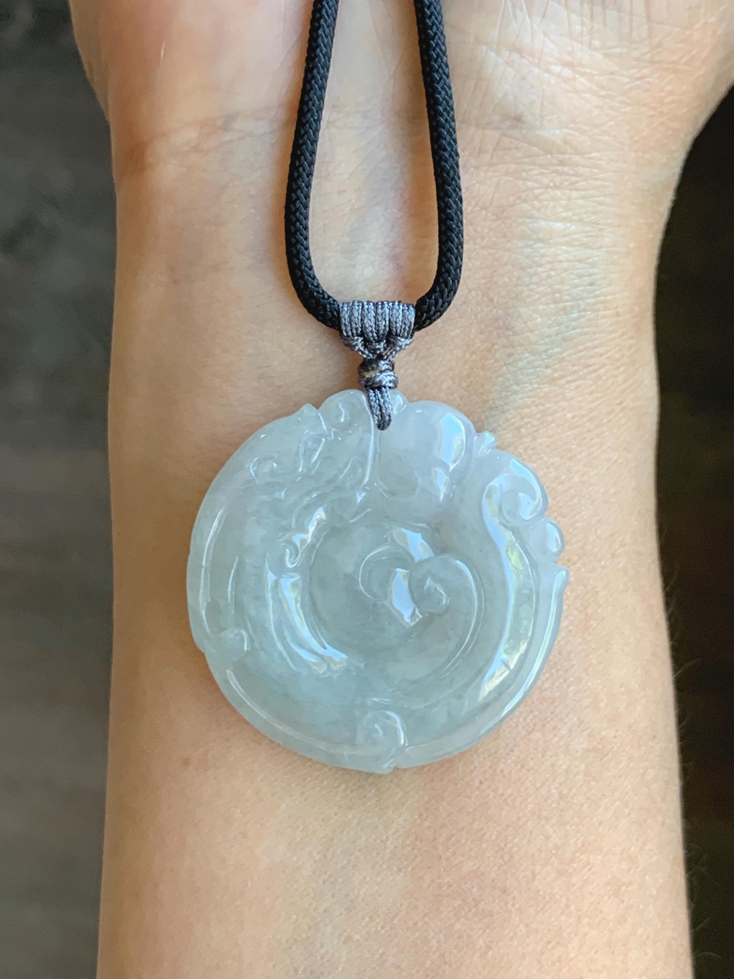 Natural Grade A Icy Translucent Pastel Smoky Gray Jade Jadeite Carved Dragon Donut Pendant Rope Necklace 26” 18g 天然冰烟灰色翡翠盘龙平安扣吊坠项链 PLK120