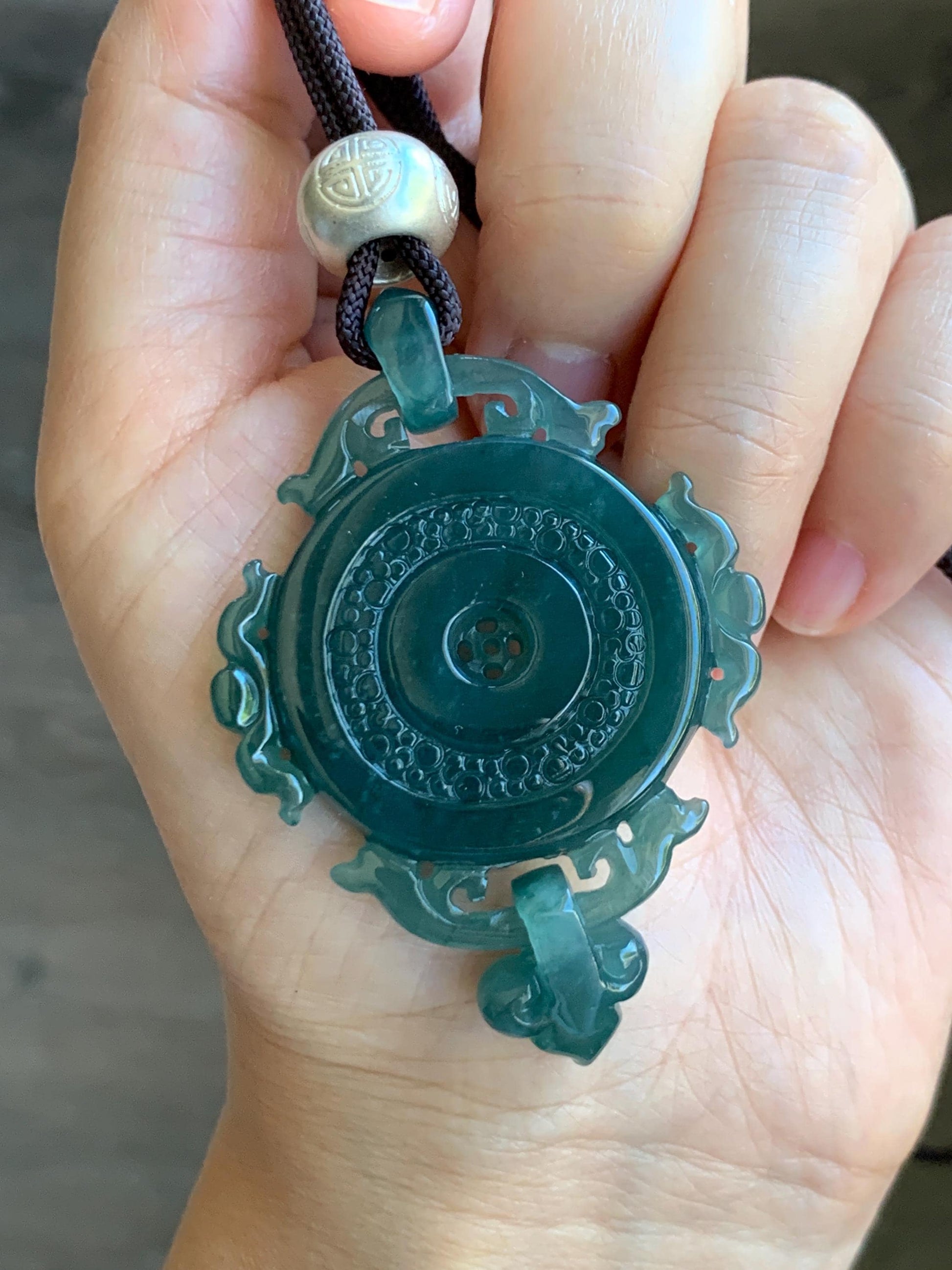 Certified Natural Grade A Guatemalan Icy Translucent Dark Teal Blue Jadeite Ping An Kou Donut Pendant Rope Necklace 天然冰危深蓝翡翠仿古平安扣吊坠项链 8734