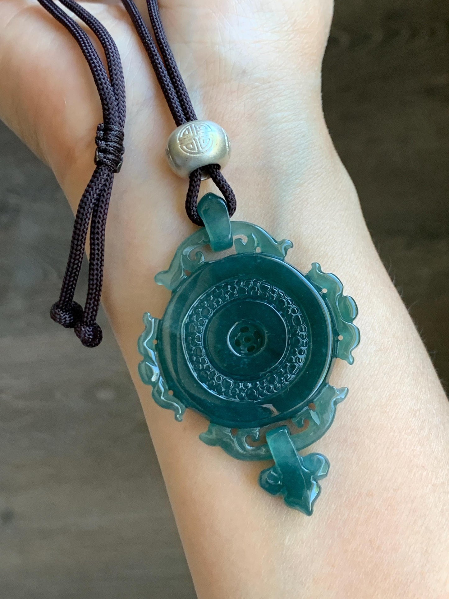 Certified Natural Grade A Guatemalan Icy Translucent Dark Teal Blue Jadeite Ping An Kou Donut Pendant Rope Necklace 天然冰危深蓝翡翠仿古平安扣吊坠项链 8734