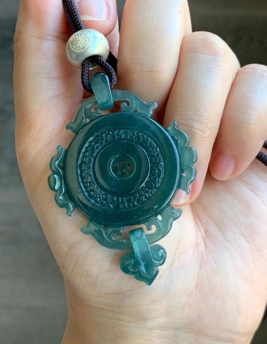Certified Natural Grade A Guatemalan Icy Translucent Dark Teal Blue Jadeite Ping An Kou Donut Pendant Rope Necklace 天然冰危深蓝翡翠仿古平安扣吊坠项链 8734