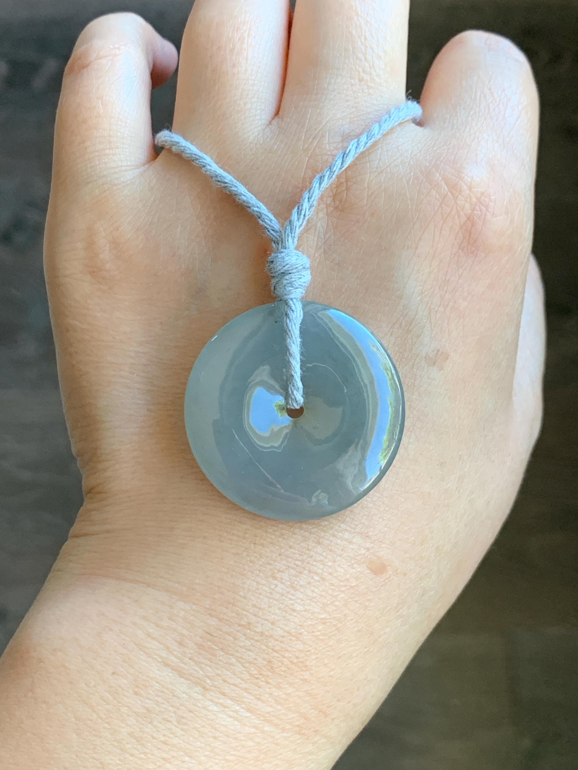 Natural Grade A Icy Translucent Pastel Smoky Gray Jade Jadeite Ping An Kou Donut Pendant Rope Necklace 25” 12g 天然冰烟灰色翡翠平安扣吊坠项链 MLW120C