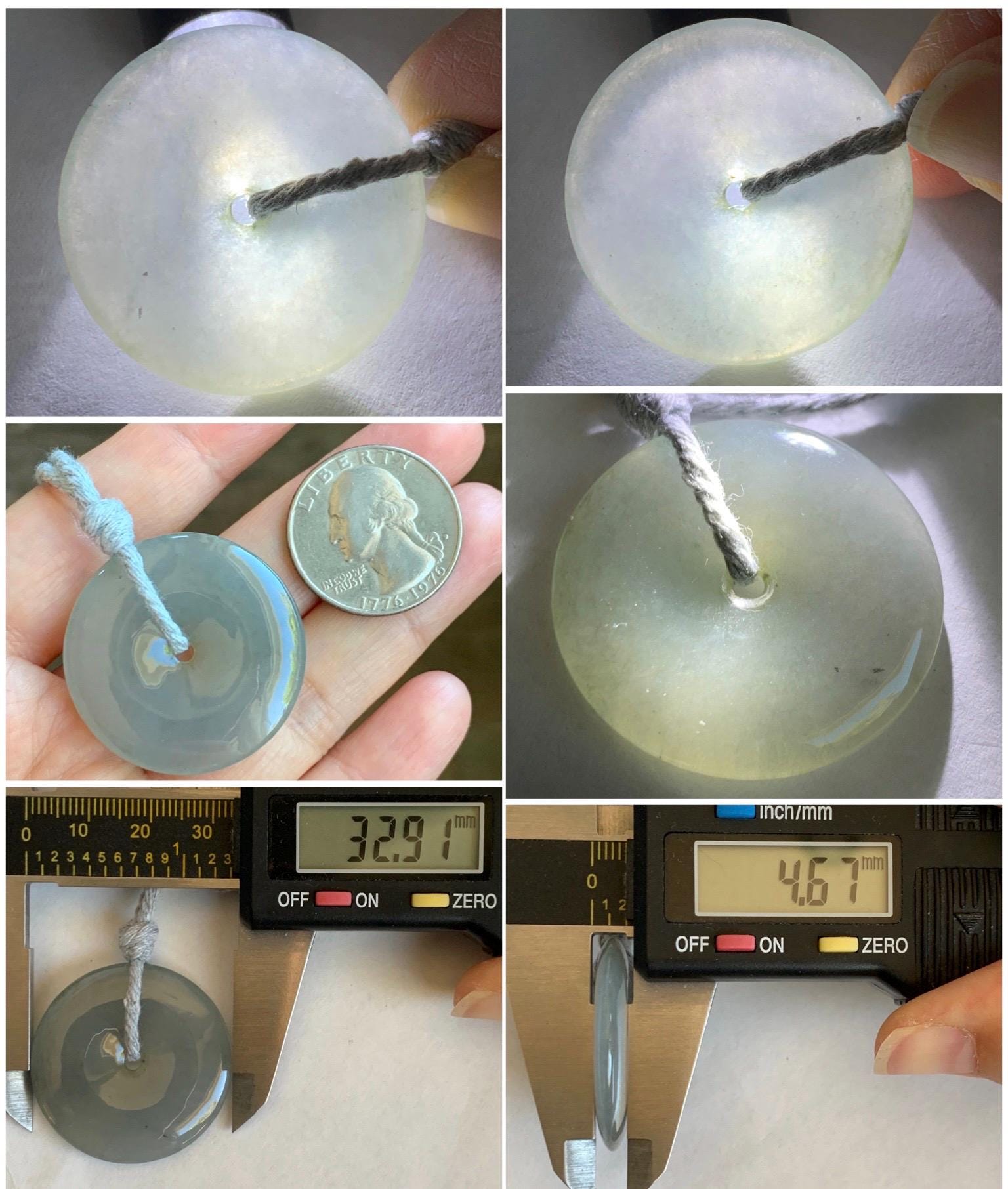 Natural Grade A Icy Translucent Pastel Smoky Gray Jade Jadeite Ping An Kou Donut Pendant Rope Necklace 25” 12g 天然冰烟灰色翡翠平安扣吊坠项链 MLW120C