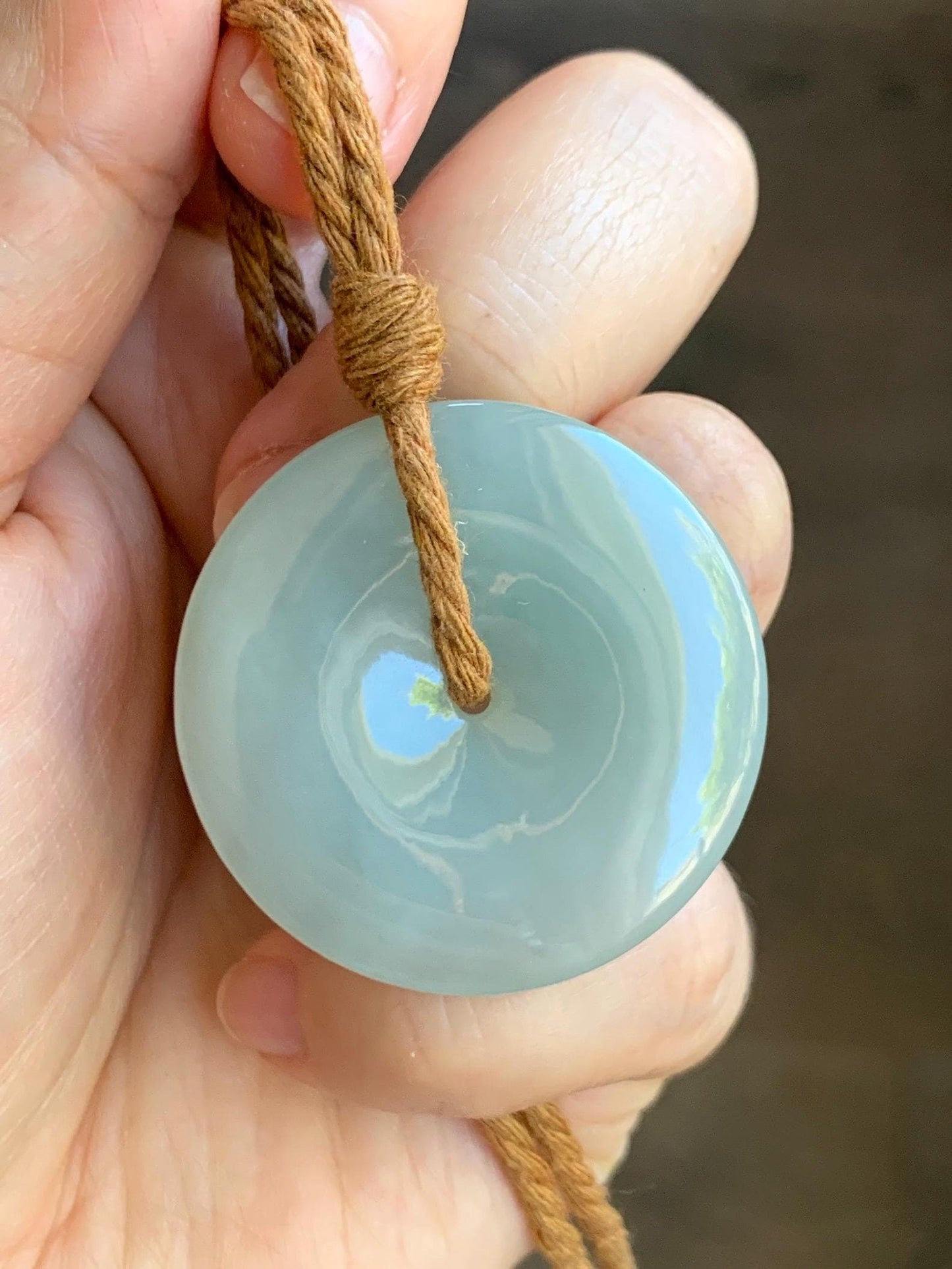 Certified Natural Grade A Icy Translucent Gelatinous Dusty Green Jade Jadeite Ping An Kou Donut Pendant Rope Necklace 天然冰浅绿色翡翠平安扣吊坠项链 9423