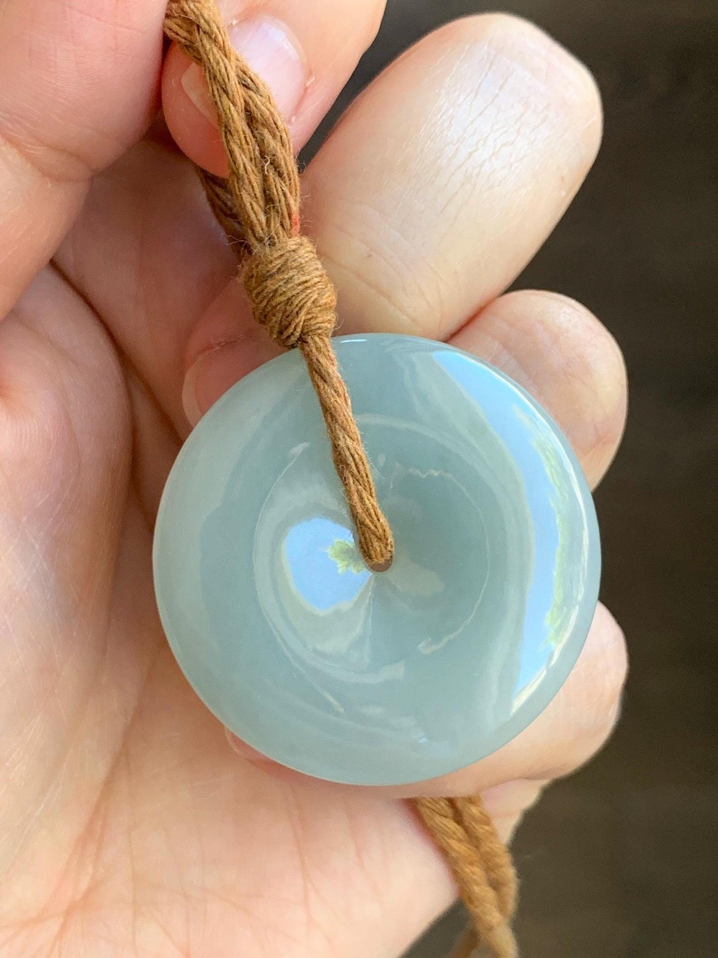 Certified Natural Grade A Icy Translucent Gelatinous Dusty Green Jade Jadeite Ping An Kou Donut Pendant Rope Necklace 天然冰浅绿色翡翠平安扣吊坠项链 9423