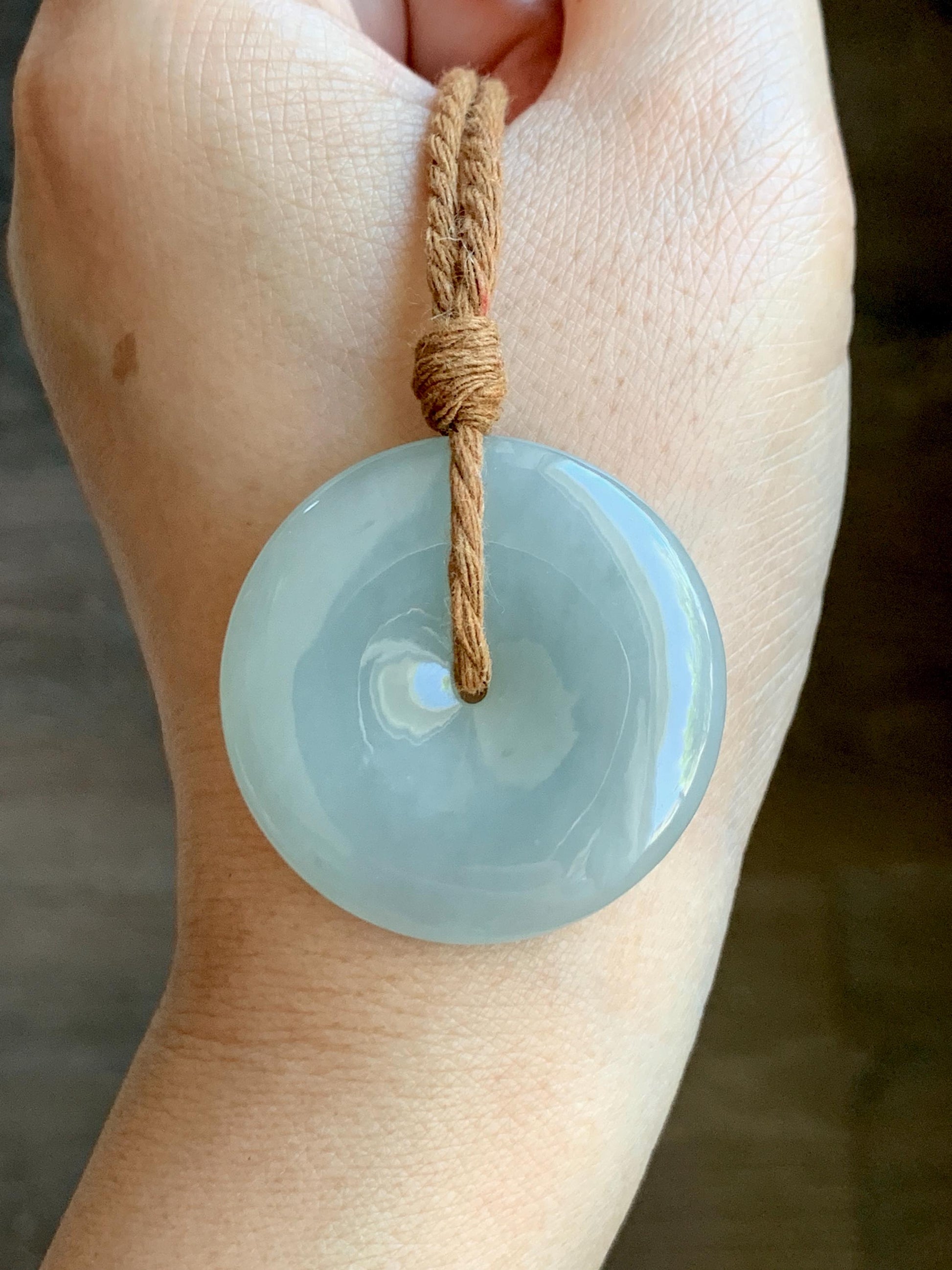 Certified Natural Grade A Icy Translucent Gelatinous Dusty Green Jade Jadeite Ping An Kou Donut Pendant Rope Necklace 天然冰浅绿色翡翠平安扣吊坠项链 9423
