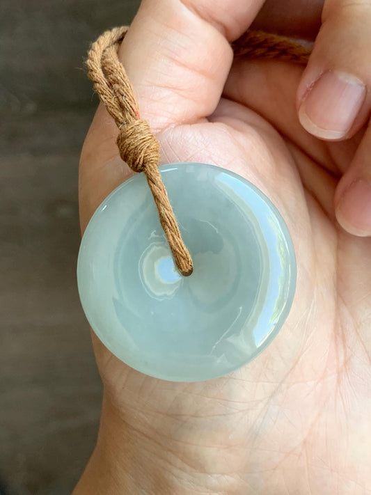 Certified Natural Grade A Icy Translucent Gelatinous Dusty Green Jade Jadeite Ping An Kou Donut Pendant Rope Necklace 天然冰浅绿色翡翠平安扣吊坠项链 9423