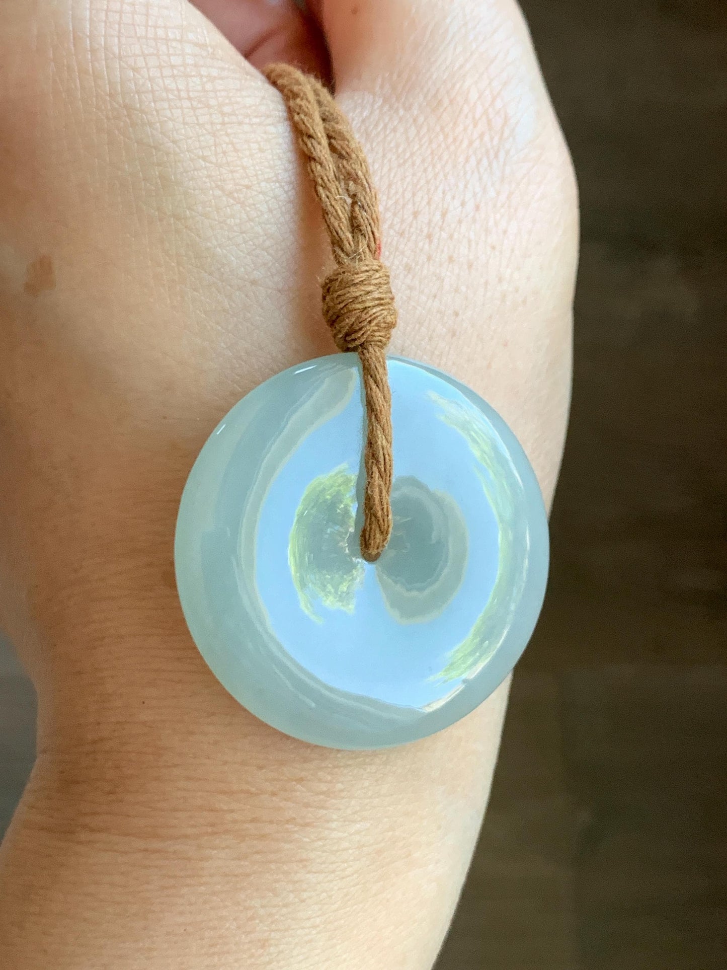 Certified Natural Grade A Icy Translucent Gelatinous Dusty Green Jade Jadeite Ping An Kou Donut Pendant Rope Necklace 天然冰浅绿色翡翠平安扣吊坠项链 9423