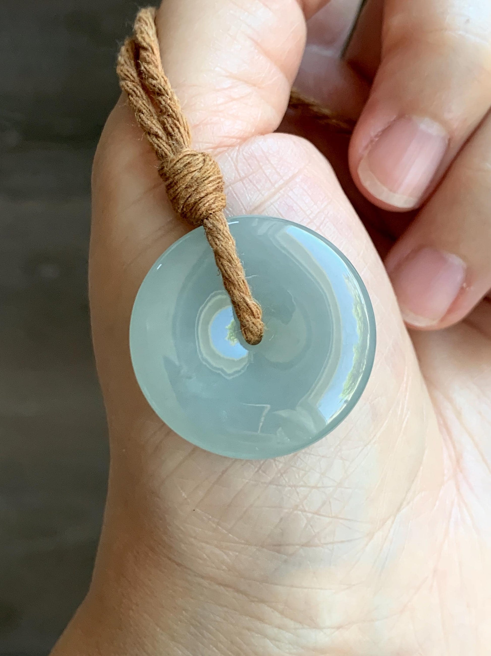 Certified Natural Grade A Icy Translucent Gelatinous Dusty Green Jade Jadeite Ping An Kou Donut Pendant Rope Necklace 天然冰浅绿色翡翠平安扣吊坠项链 9424
