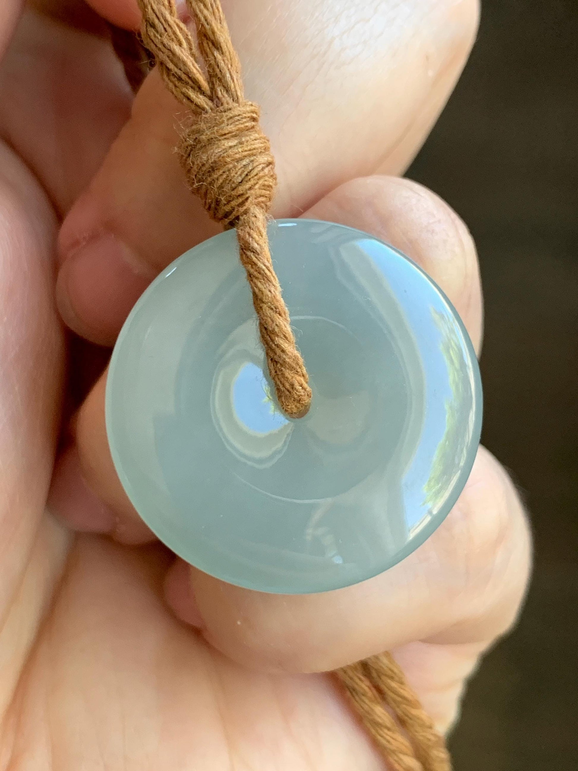 Certified Natural Grade A Icy Translucent Gelatinous Dusty Green Jade Jadeite Ping An Kou Donut Pendant Rope Necklace 天然冰浅绿色翡翠平安扣吊坠项链 9424
