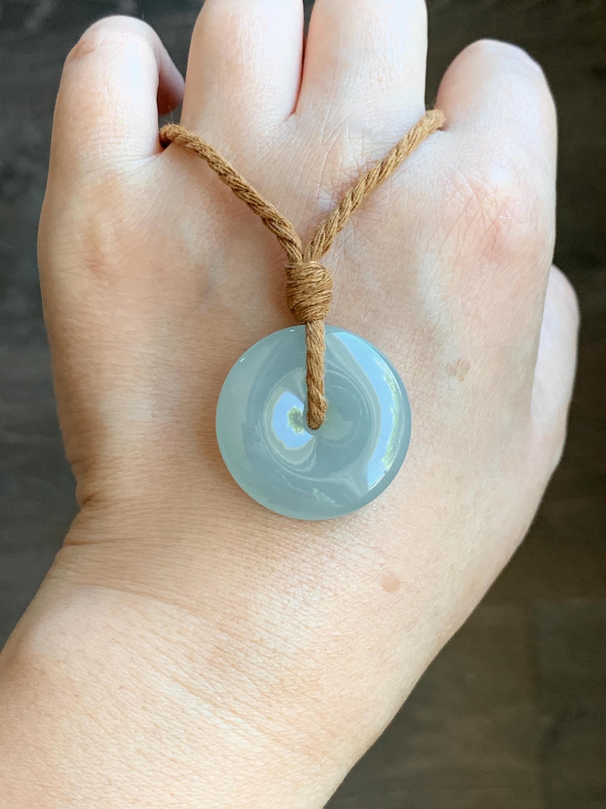 Certified Natural Grade A Icy Translucent Gelatinous Dusty Green Jade Jadeite Ping An Kou Donut Pendant Rope Necklace 天然冰浅绿色翡翠平安扣吊坠项链 9424