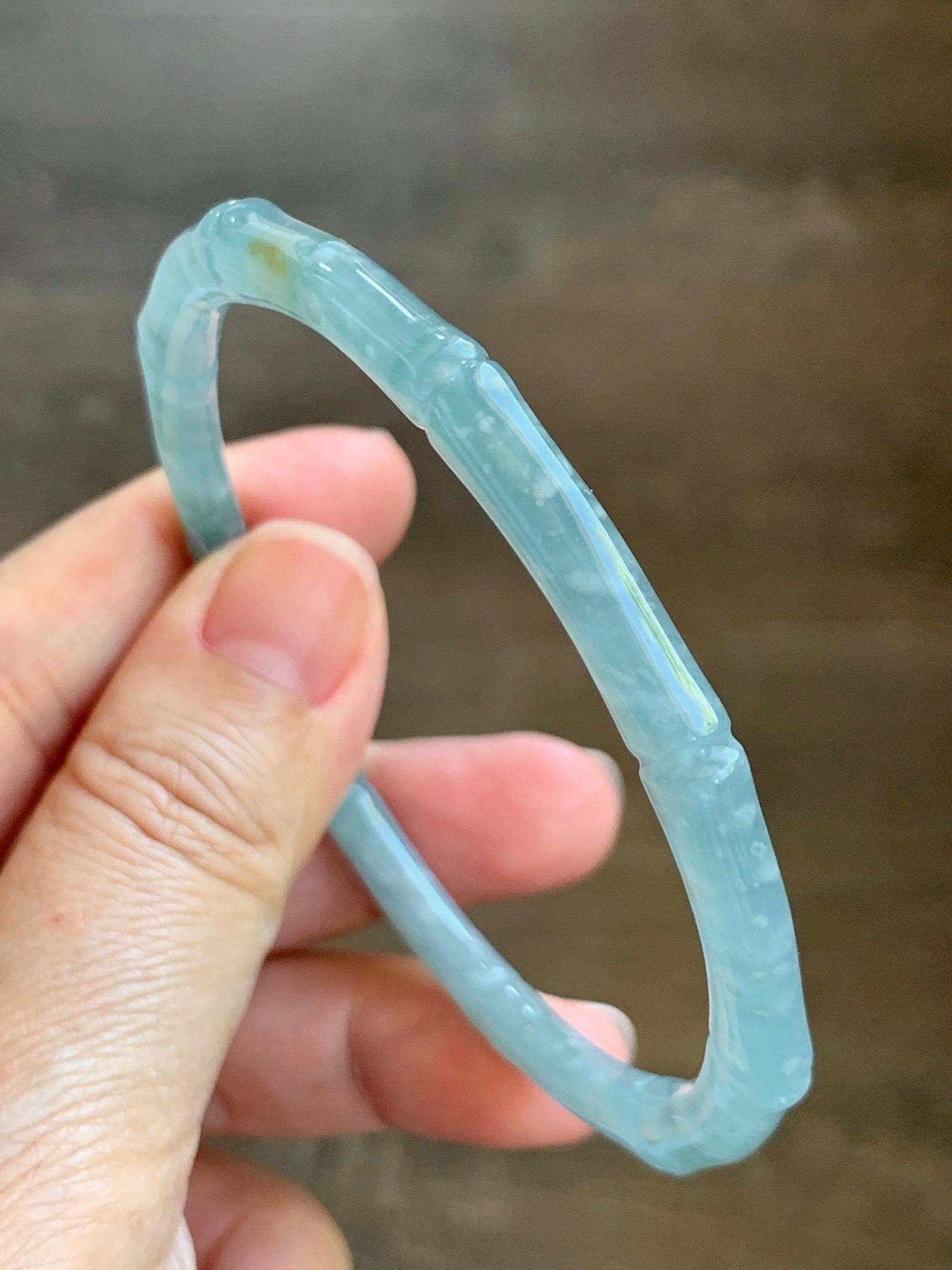 Certified Natural Grade A Guatemalan Icy Translucent Dusty Teal Blue Jade Jadeite Carved Bamboo Bangle 62.2mm 7.68” 18g 天然危篮翡翠竹节手镯 8806