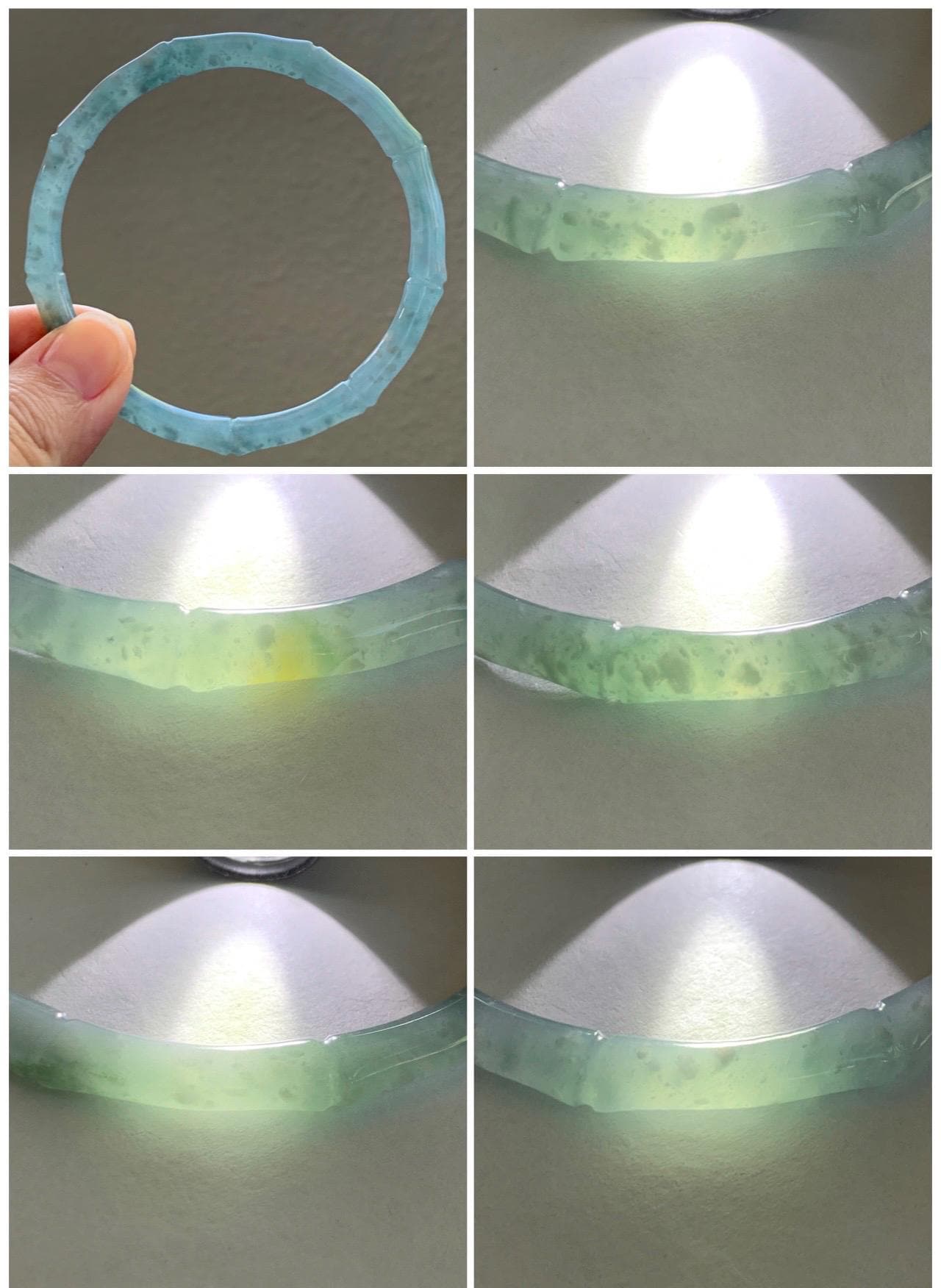 Certified Natural Grade A Guatemalan Icy Translucent Dusty Teal Blue Jade Jadeite Carved Bamboo Bangle 62.2mm 7.68” 18g 天然危篮翡翠竹节手镯 8806
