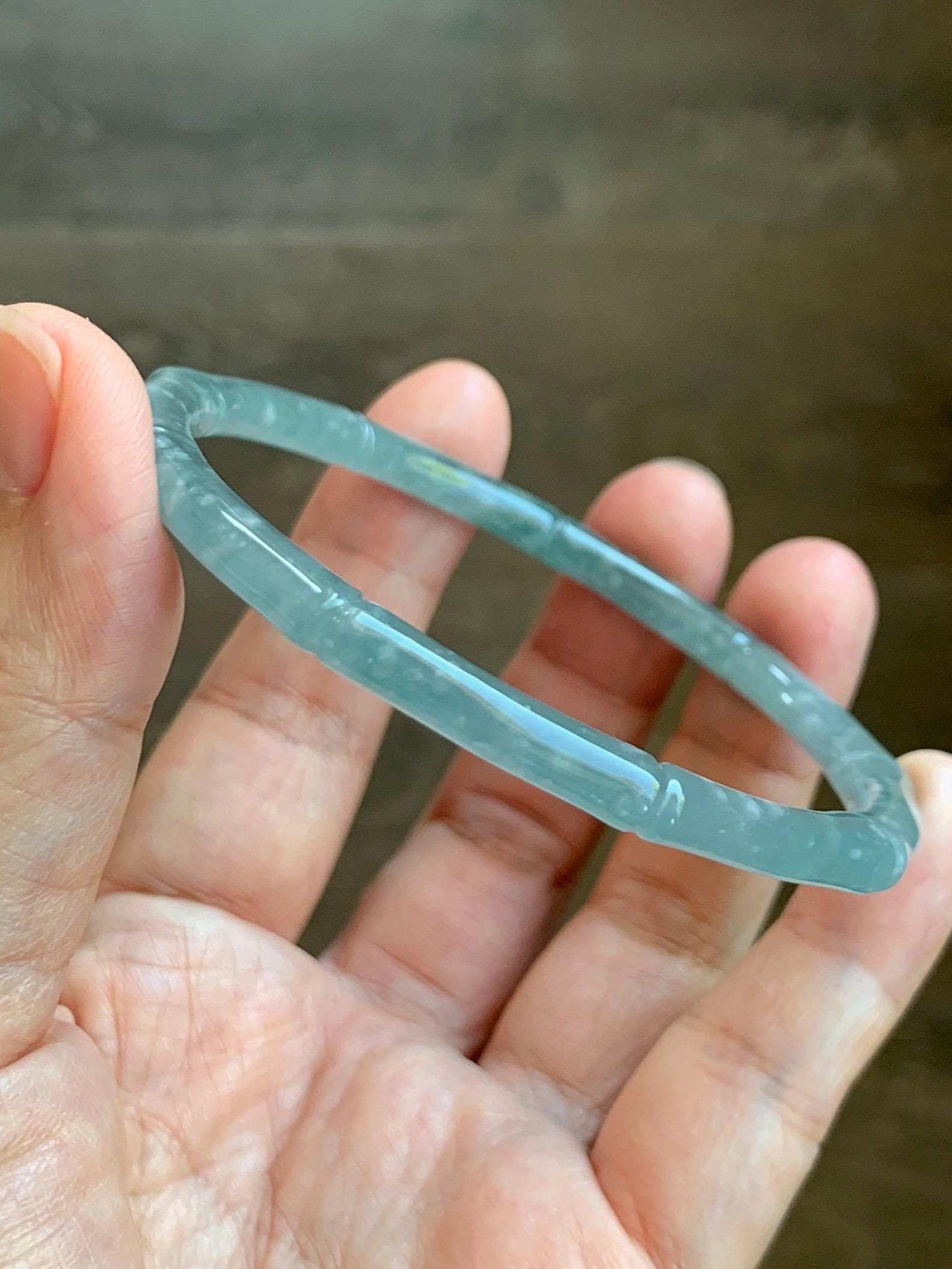 Certified Natural Grade A Guatemalan Icy Translucent Dusty Teal Blue Jade Jadeite Carved Bamboo Bangle 62.2mm 7.68” 18g 天然危篮翡翠竹节手镯 8806