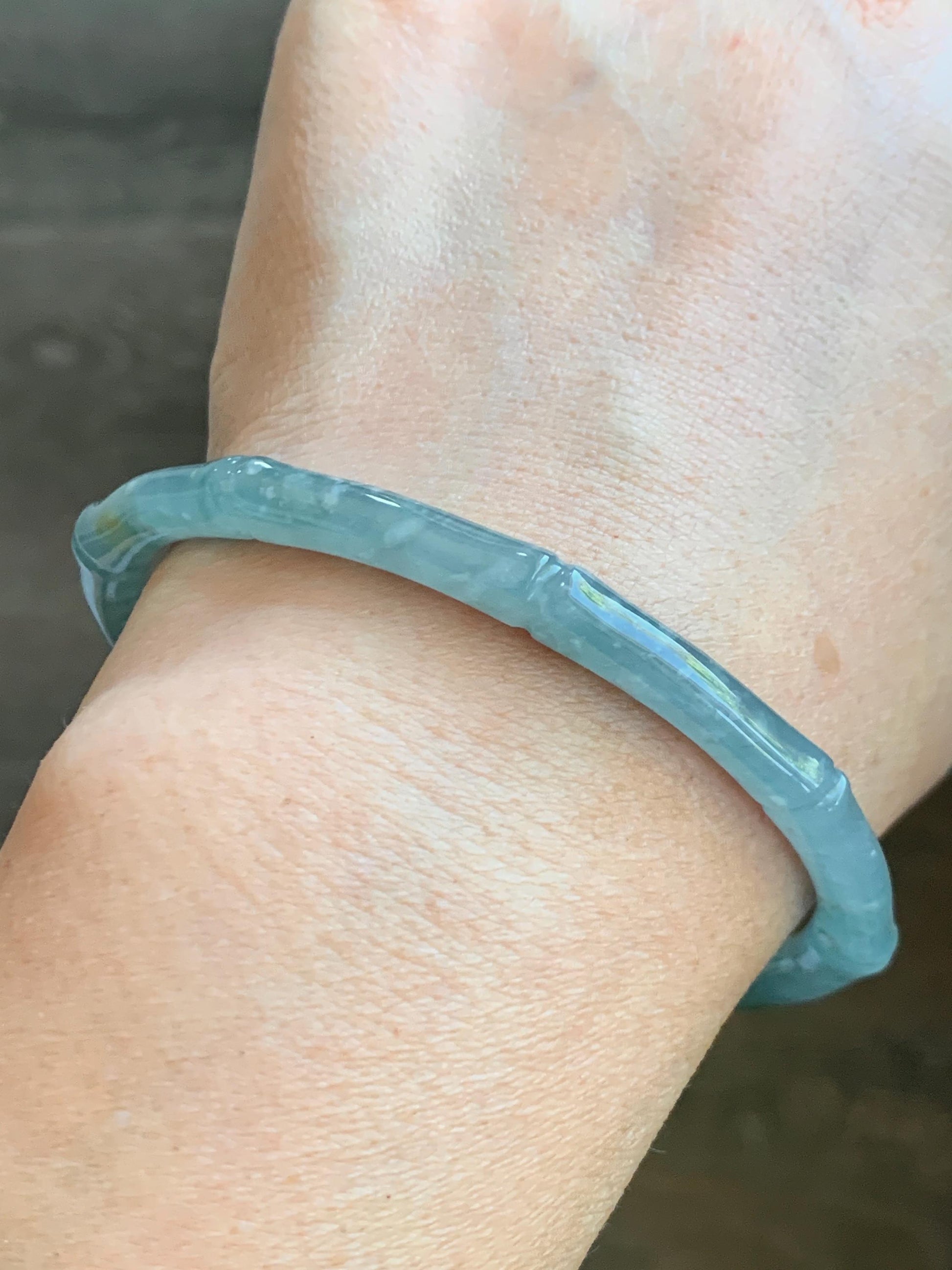 Certified Natural Grade A Guatemalan Icy Translucent Dusty Teal Blue Jade Jadeite Carved Bamboo Bangle 62.2mm 7.68” 18g 天然危篮翡翠竹节手镯 8806