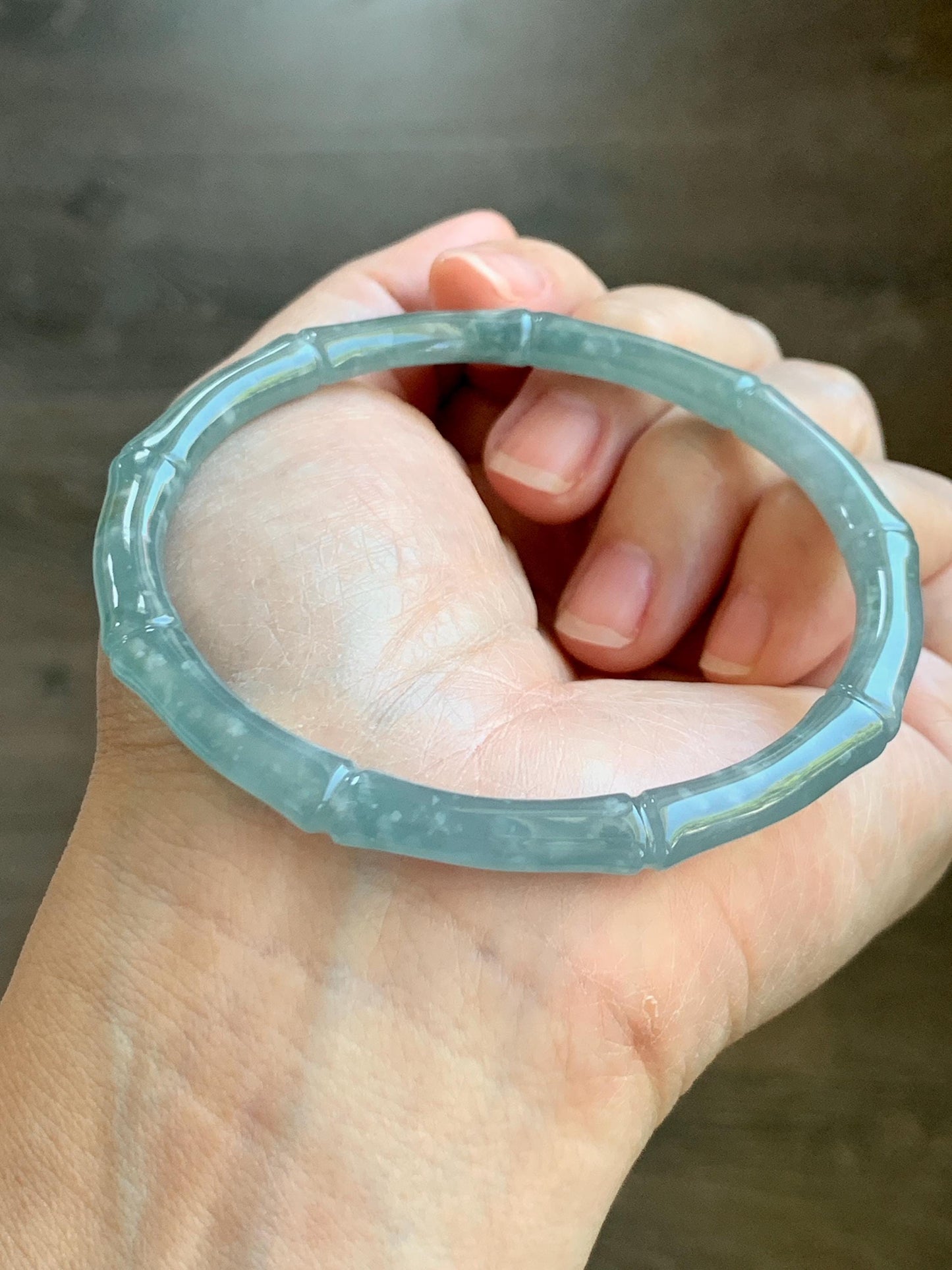 Certified Natural Grade A Guatemalan Icy Translucent Dusty Teal Blue Jade Jadeite Carved Bamboo Bangle 62.2mm 7.68” 18g 天然危篮翡翠竹节手镯 8806