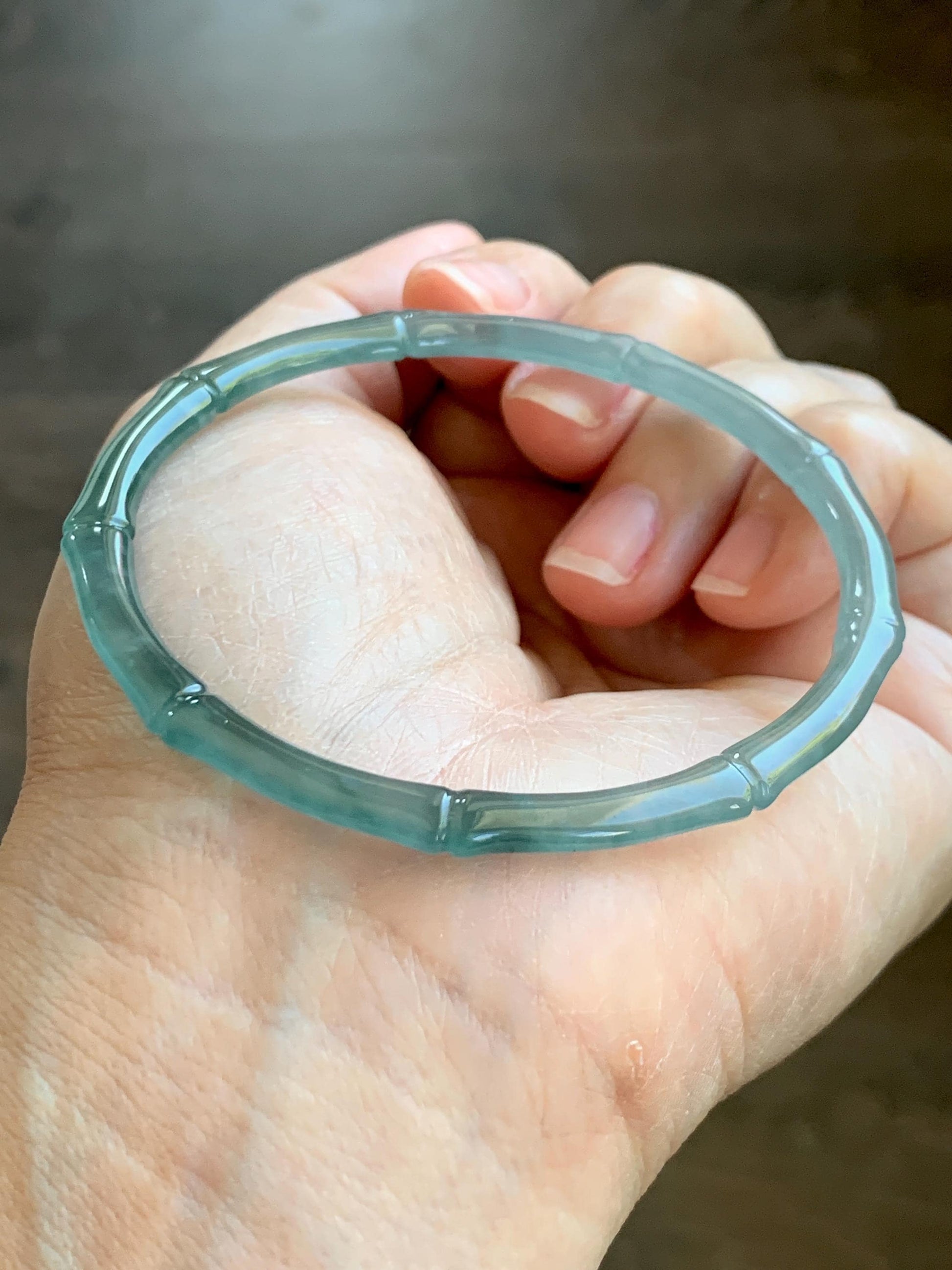 Certified Natural Grade A Guatemalan Icy Highly Translucent Teal Green Jade Jadeite Carved Slim Bamboo Bangle 58.2mm 7.19” 天然冰危绿翡翠竹节手镯 8777