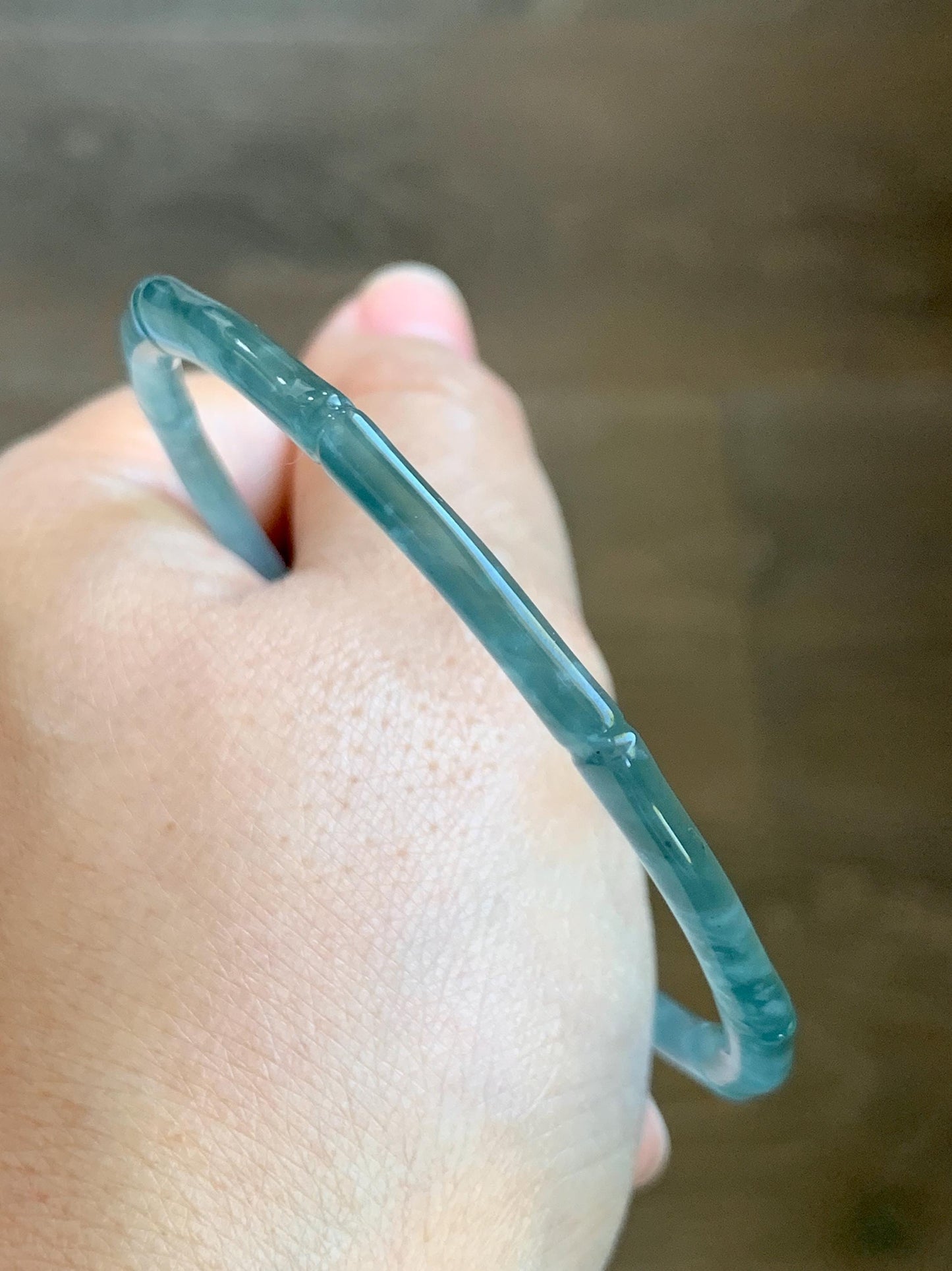 Certified Natural Grade A Guatemalan Icy Highly Translucent Teal Green Jade Jadeite Carved Slim Bamboo Bangle 58.2mm 7.19” 天然冰危绿翡翠竹节手镯 8777
