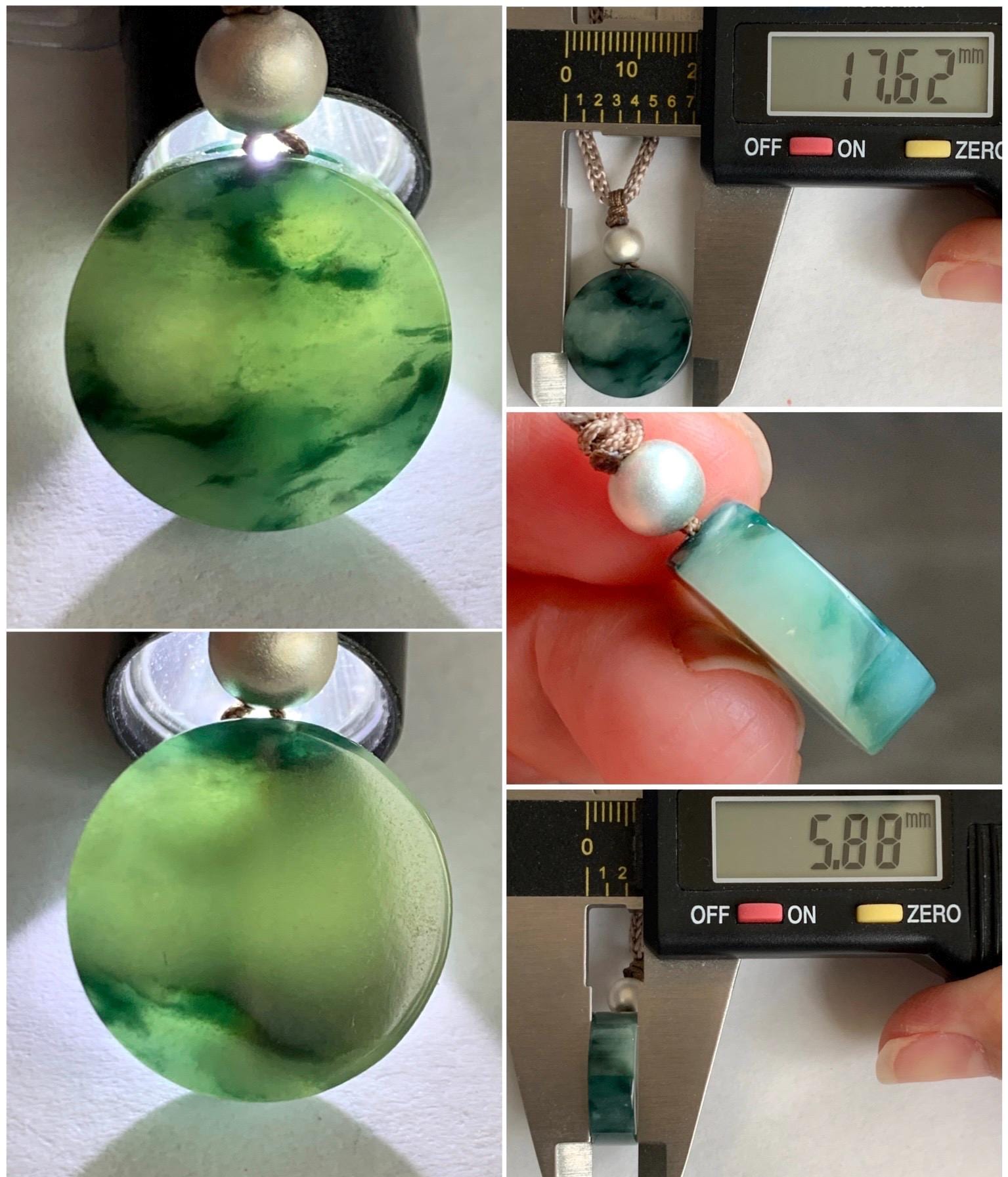 Natural Grade A Icy Translucent Green Marbled Jadeite Round Disc Pendant Rope Necklace Wu Shi Pai Sterling Silver 26” 天然飘花翡翠小无事牌吊坠 XPW50A