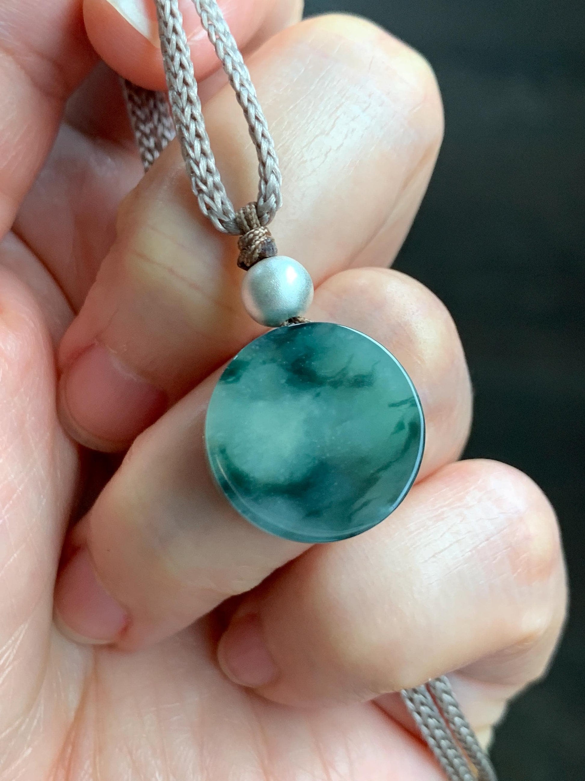 Natural Grade A Icy Translucent Green Marbled Jadeite Round Disc Pendant Rope Necklace Wu Shi Pai Sterling Silver 26” 天然飘花翡翠小无事牌吊坠 XPW50A
