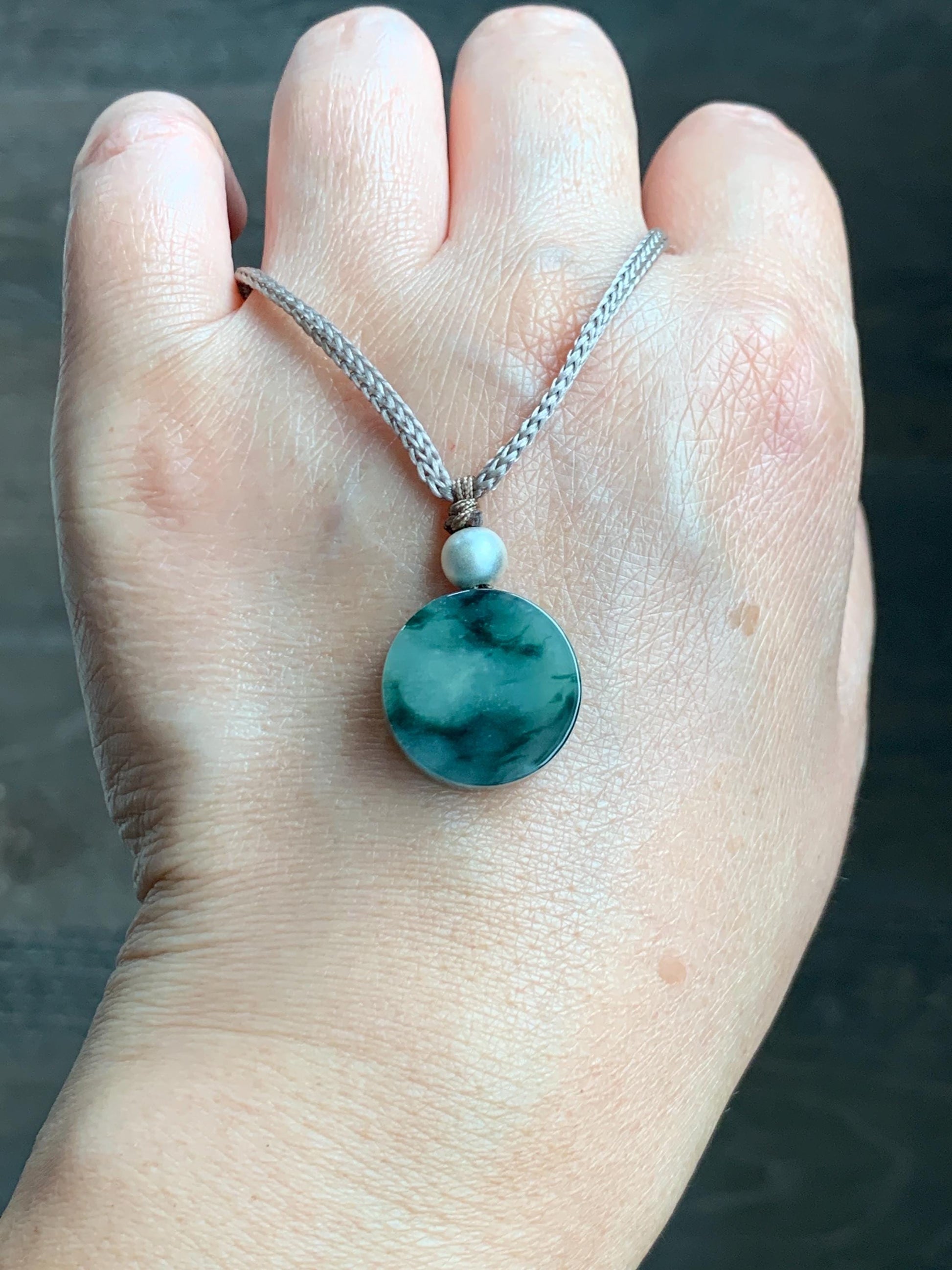 Natural Grade A Icy Translucent Green Marbled Jadeite Round Disc Pendant Rope Necklace Wu Shi Pai Sterling Silver 26” 天然飘花翡翠小无事牌吊坠 XPW50A