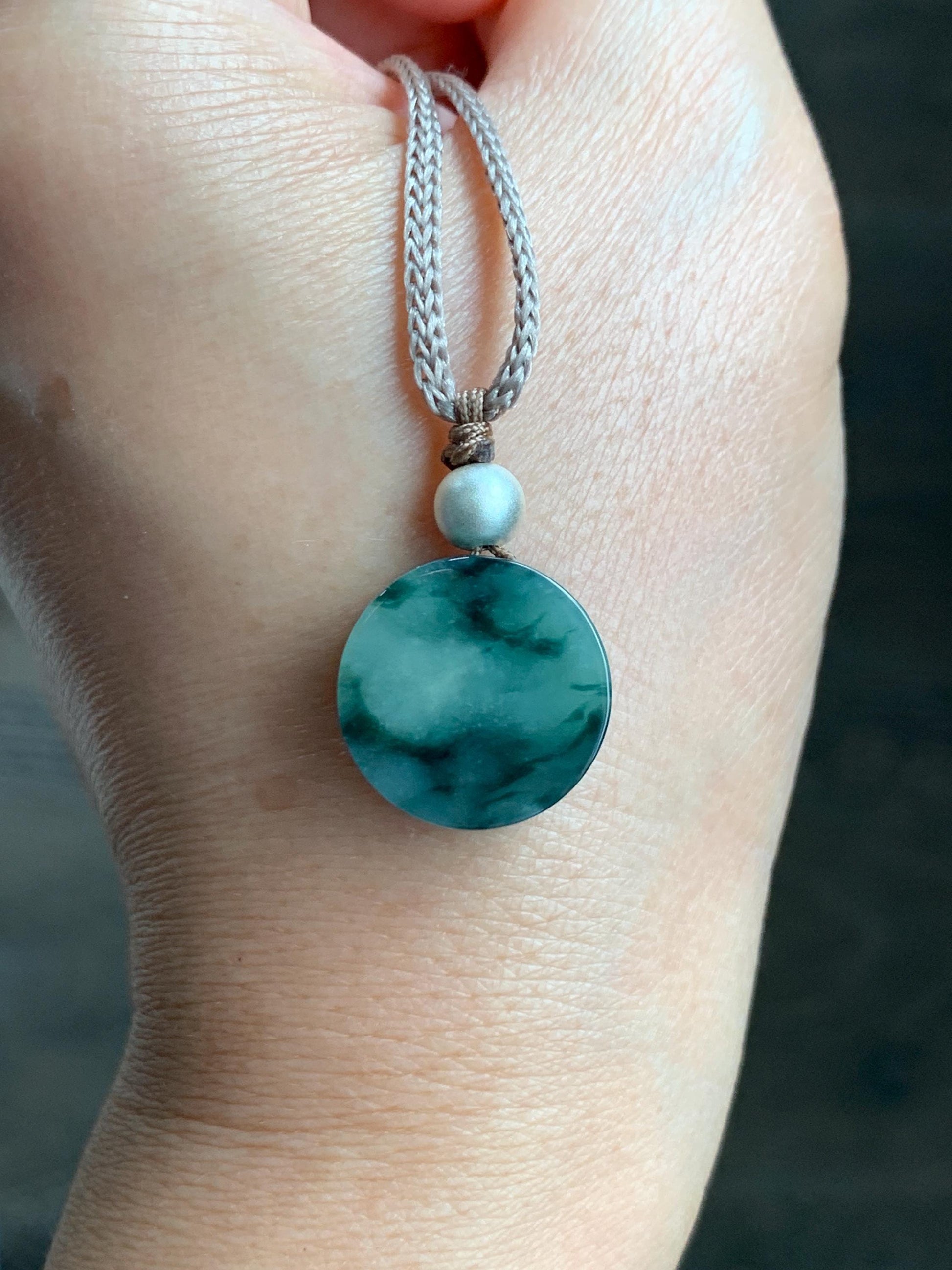 Natural Grade A Icy Translucent Green Marbled Jadeite Round Disc Pendant Rope Necklace Wu Shi Pai Sterling Silver 26” 天然飘花翡翠小无事牌吊坠 XPW50A