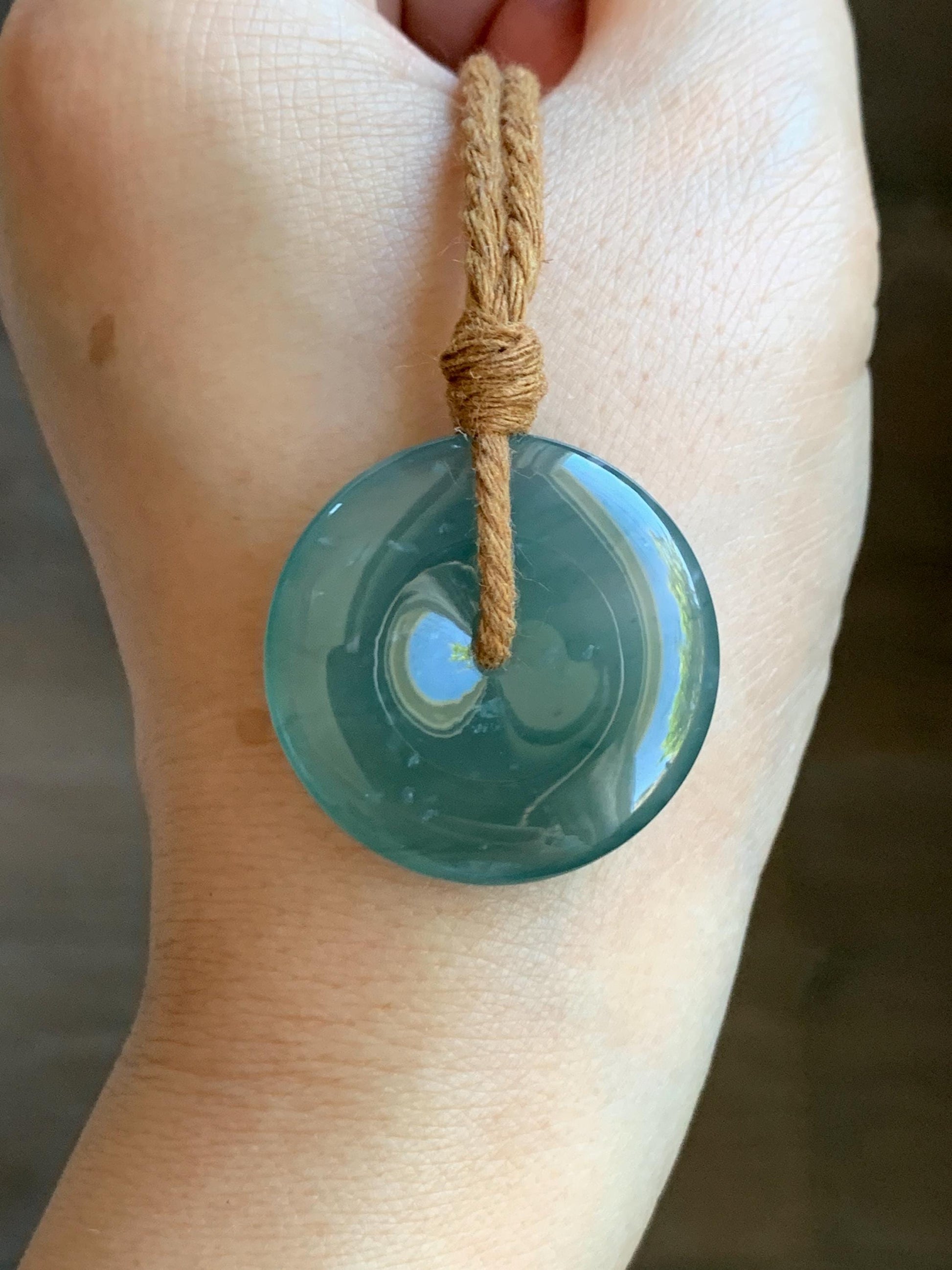 Certified Natural Grade A Guatemalan Icy Translucent Teal Green Jade Jadeite Ping An Kou Donut Pendant Rope Necklace 26” 天然冰胶危蓝绿翡翠平安扣吊坠 8736