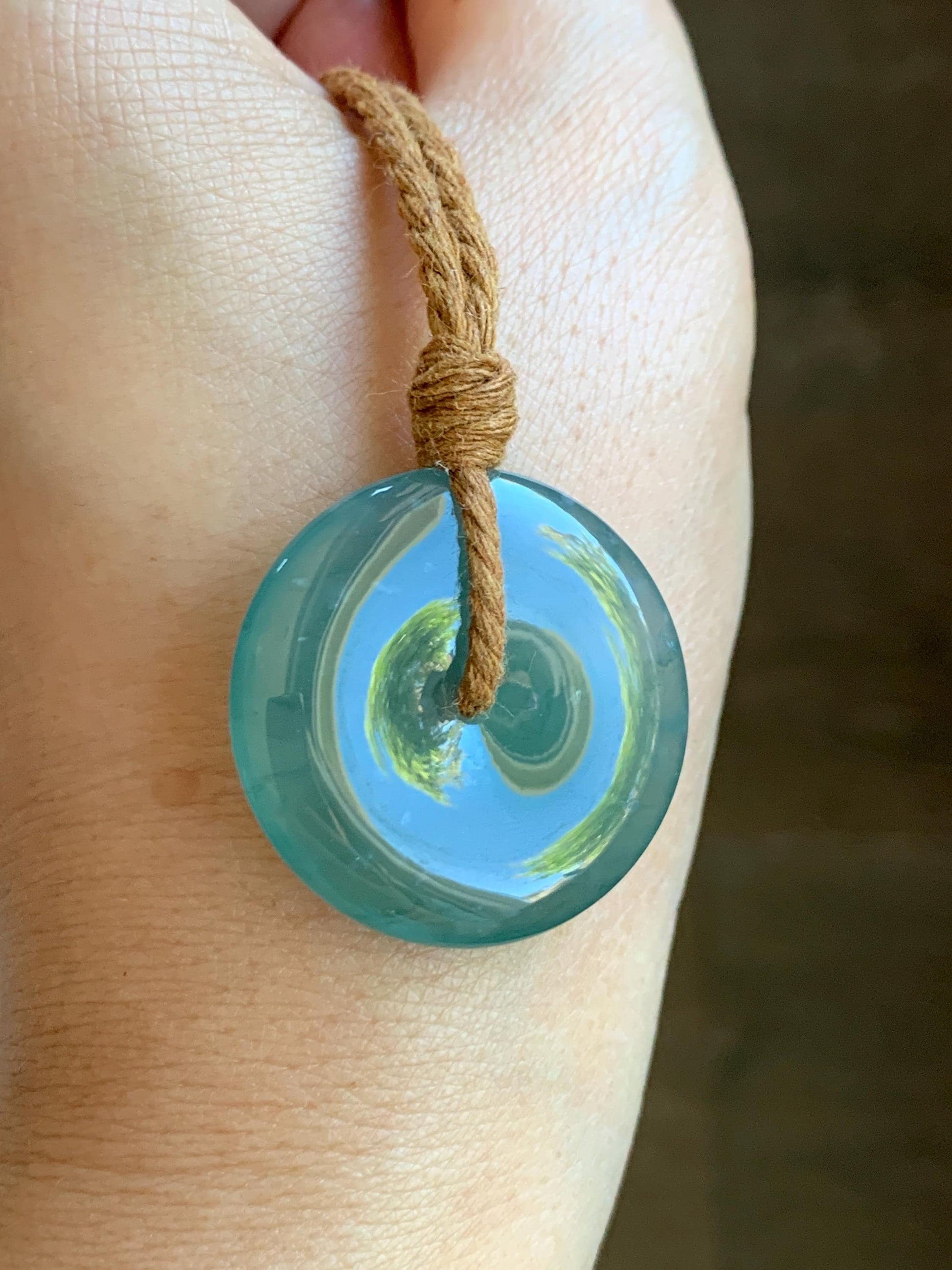 Certified Natural Grade A Guatemalan Icy Translucent Teal Green Jade Jadeite Ping An Kou Donut Pendant Rope Necklace 26” 天然冰胶危蓝绿翡翠平安扣吊坠 8736