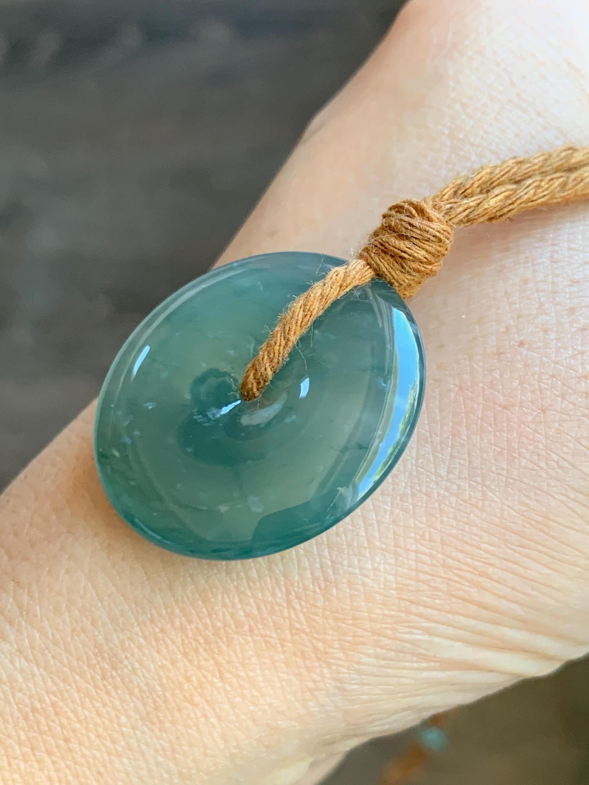 Certified Natural Grade A Guatemalan Icy Translucent Teal Green Jade Jadeite Ping An Kou Donut Pendant Rope Necklace 26” 天然冰胶危蓝绿翡翠平安扣吊坠 8736